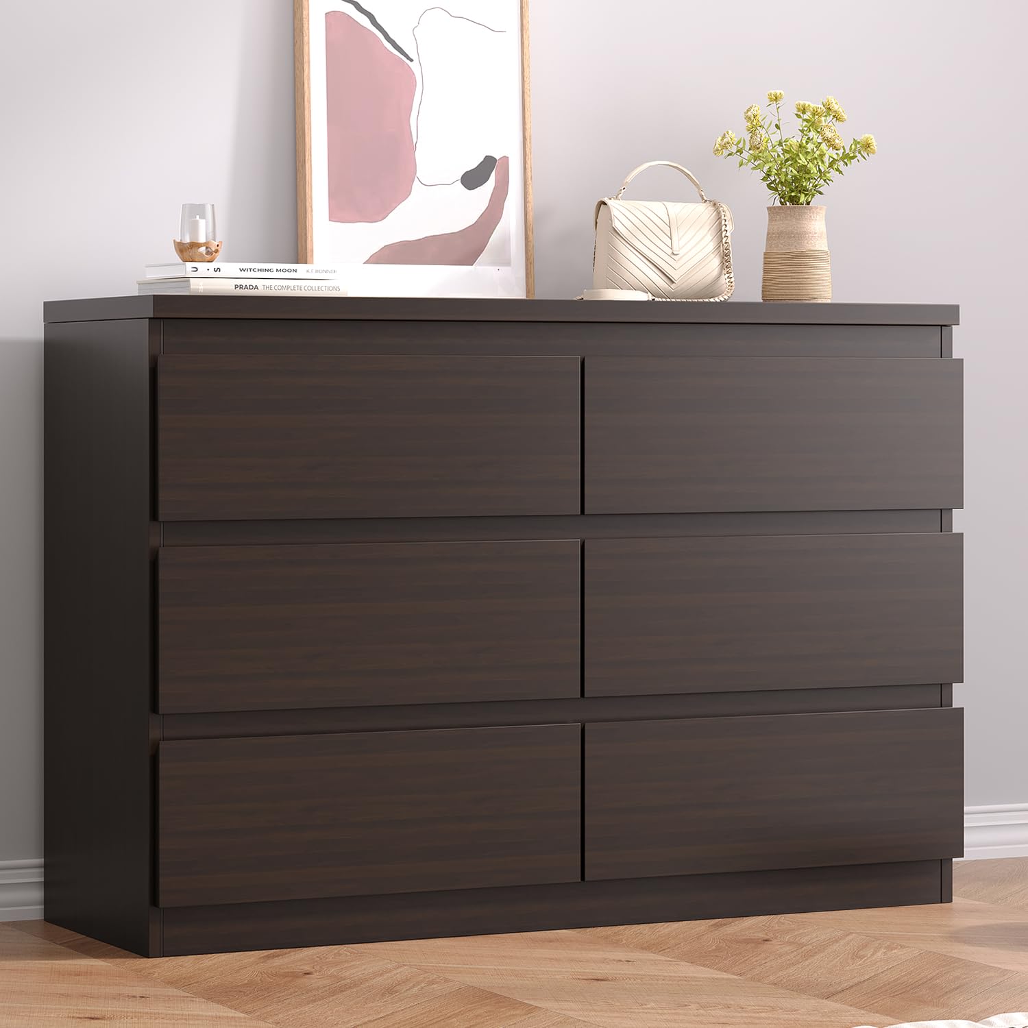 Modern Brown 6 Drawer Dresser for Bedroom, 15.3" D x 47.2" W x 32.3" H in Simply Chest