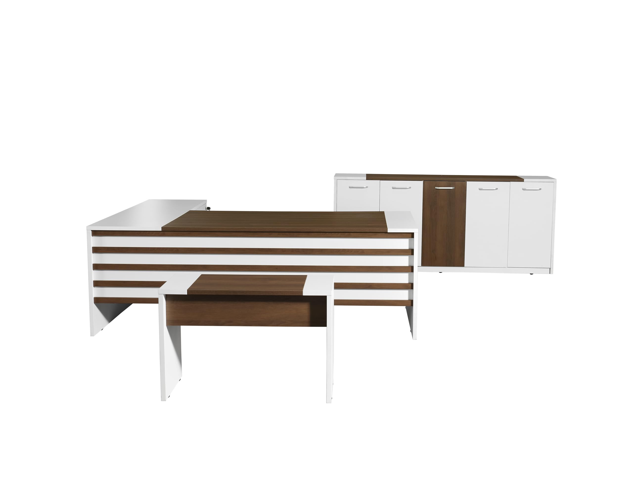 L-Shaped Executive Office Desk Set with Coffee Table & Storage Cabinet