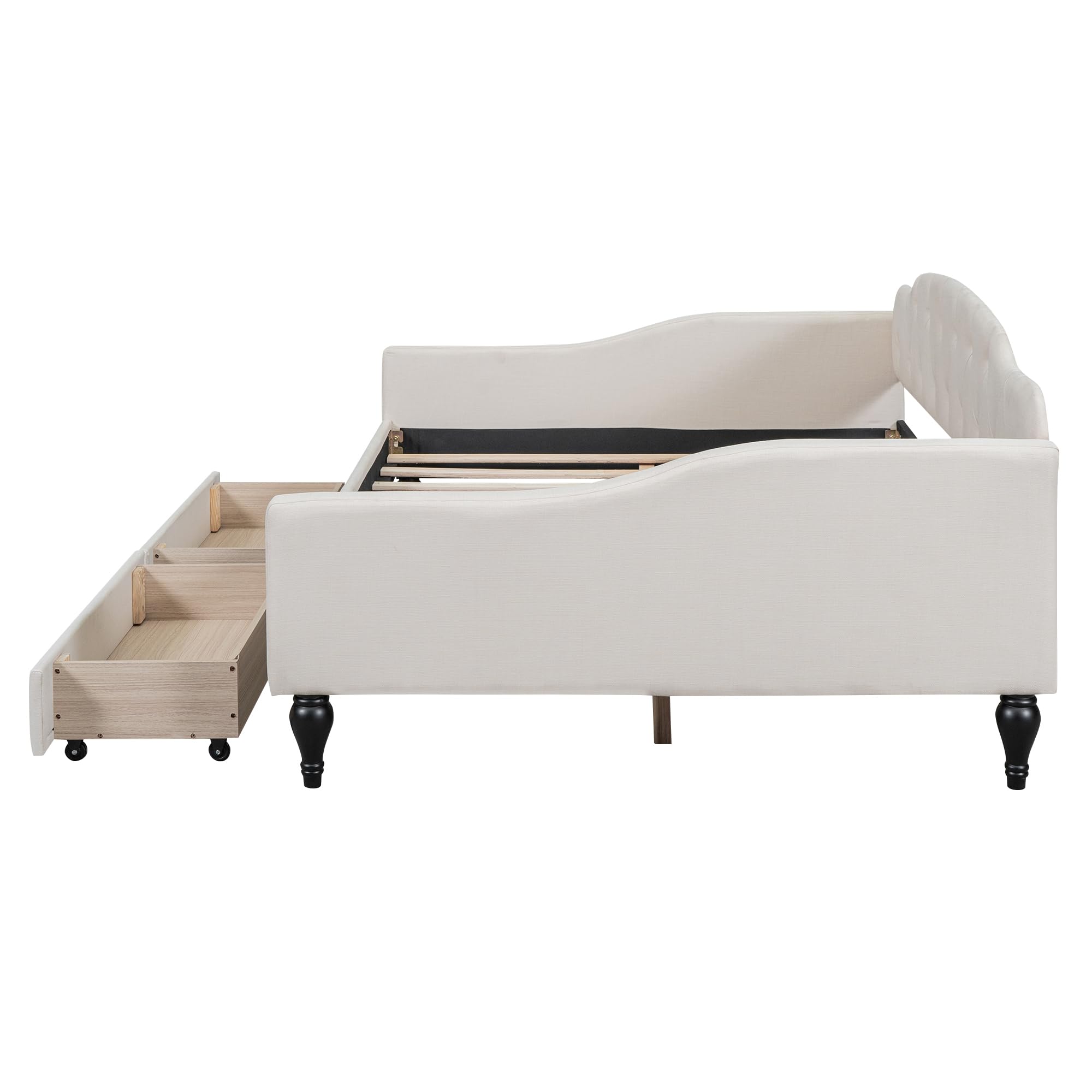 Upholstered Tufted Daybed with Two Drawers,Linen Sofa Bed for Small