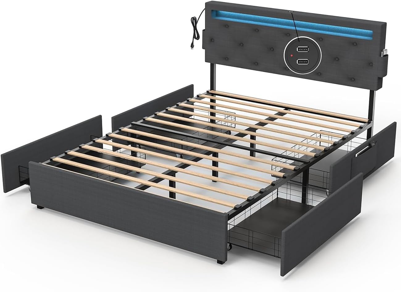 Queen Size Metal Bed Frame with LED Lights and USB Charging Station,Storage Beds