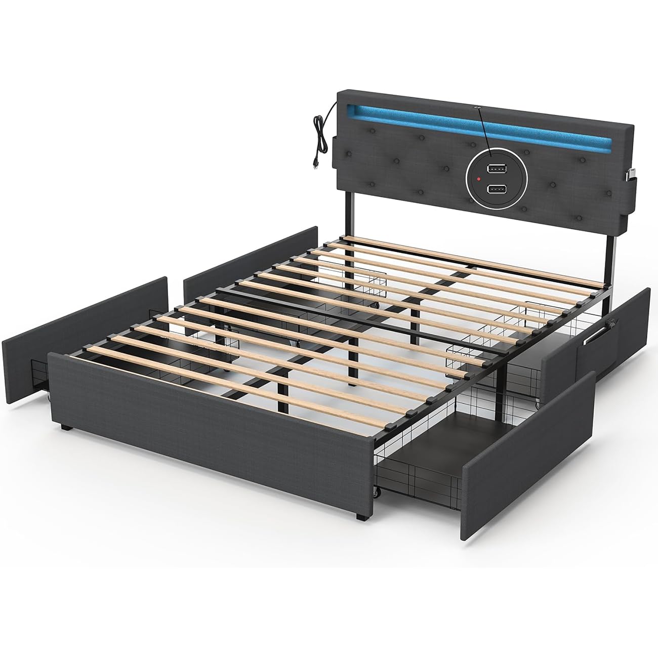 Queen Size Metal Bed Frame with LED Lights and USB Charging Station,Storage Beds