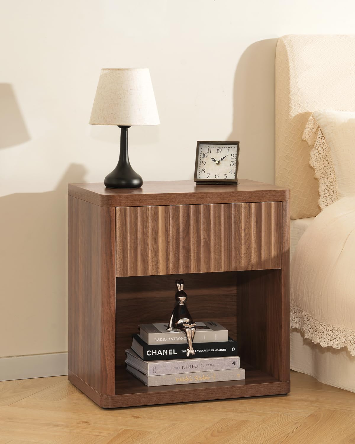 Night Stand Fluted Nightstand with Drawers, Wood Bedside Table with Storage