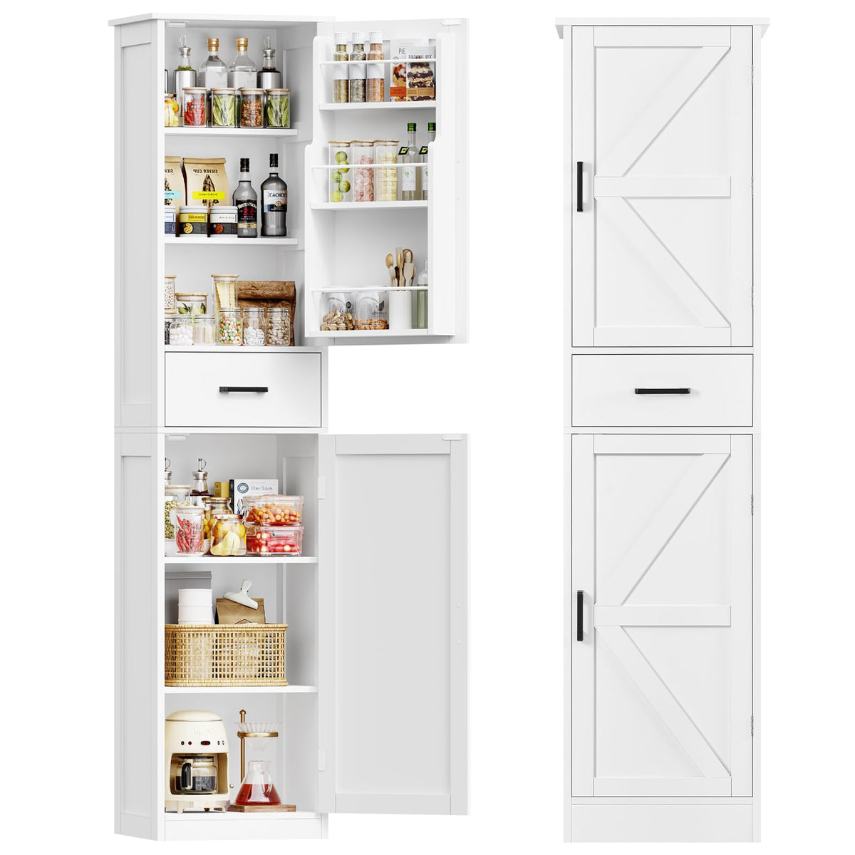 Tall Narrow Storage Cabinet with Barn Doors, Drawer & Adjustable Shelves