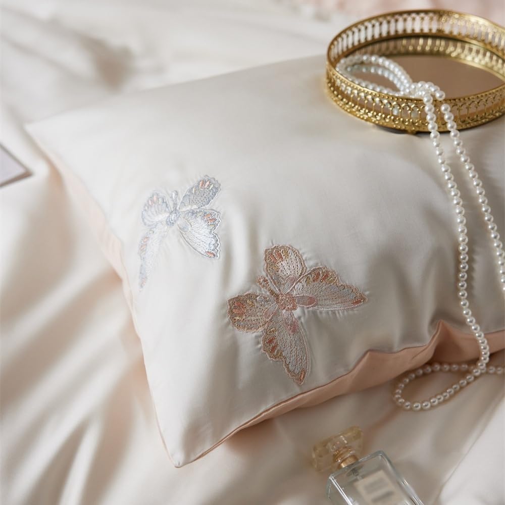 4 Pieces Soft Cooling Tencel Lyocell Bedding Set, Embroidered Butterfly Duvet Cover