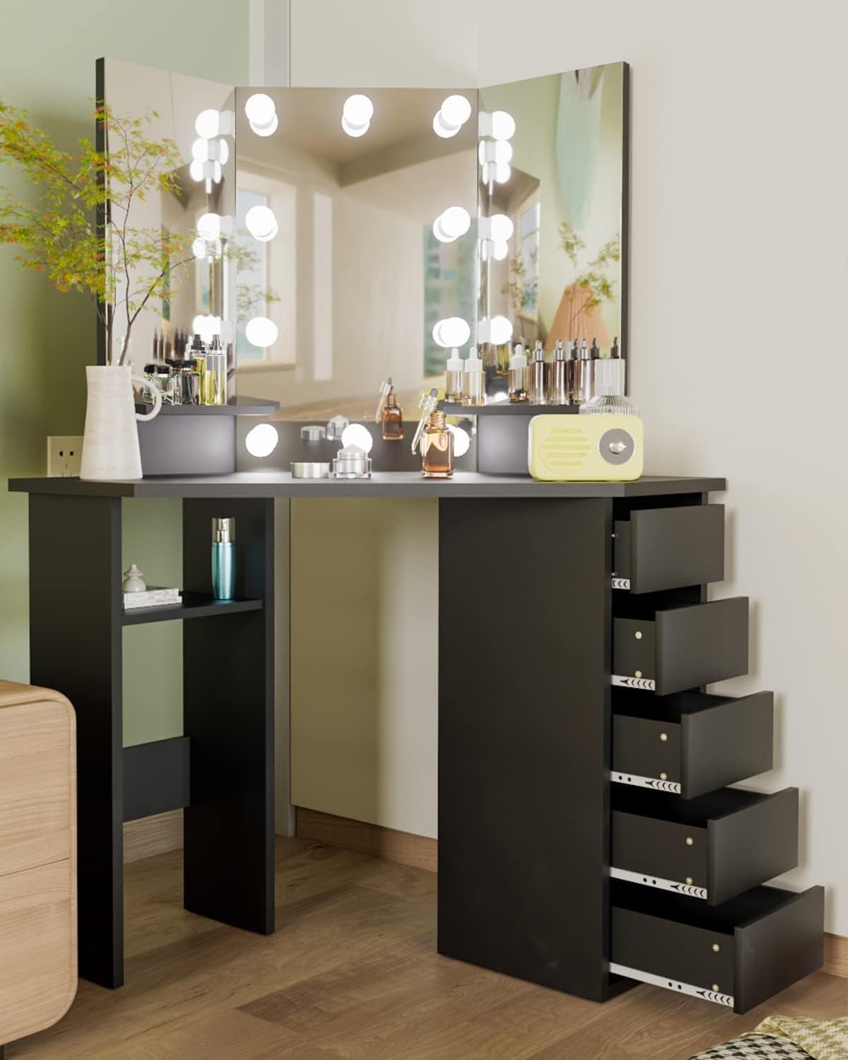 Makeup Vanity Desk, Black Makeup Vanity with 5 Drawers and Storage Shelf