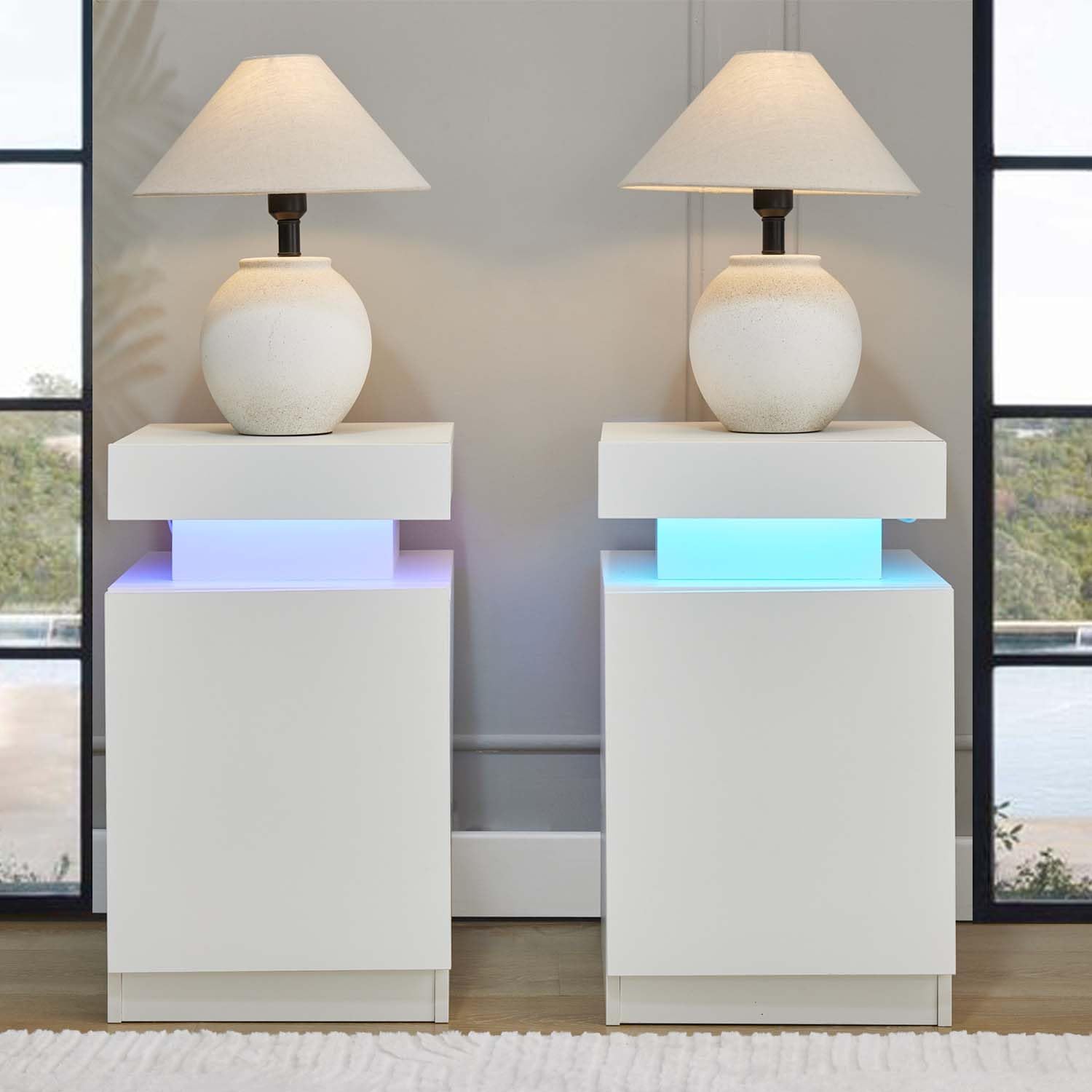 Nightstand with LED Lights Set of 2, White Night Stands Set End Side Table