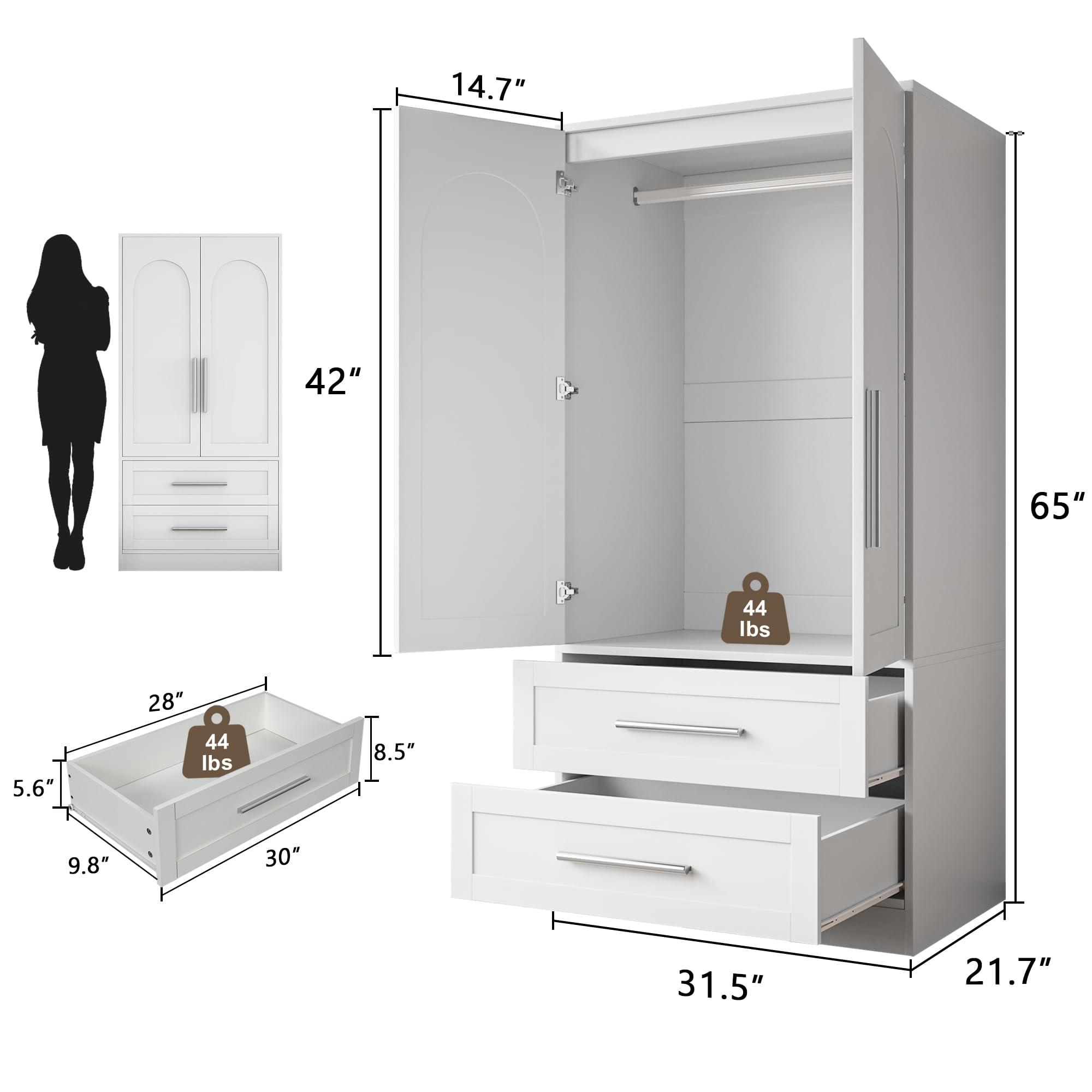 Wooden Armoire Wardrobe Closet with 2 Doors and 2 Drawers,Bedroom