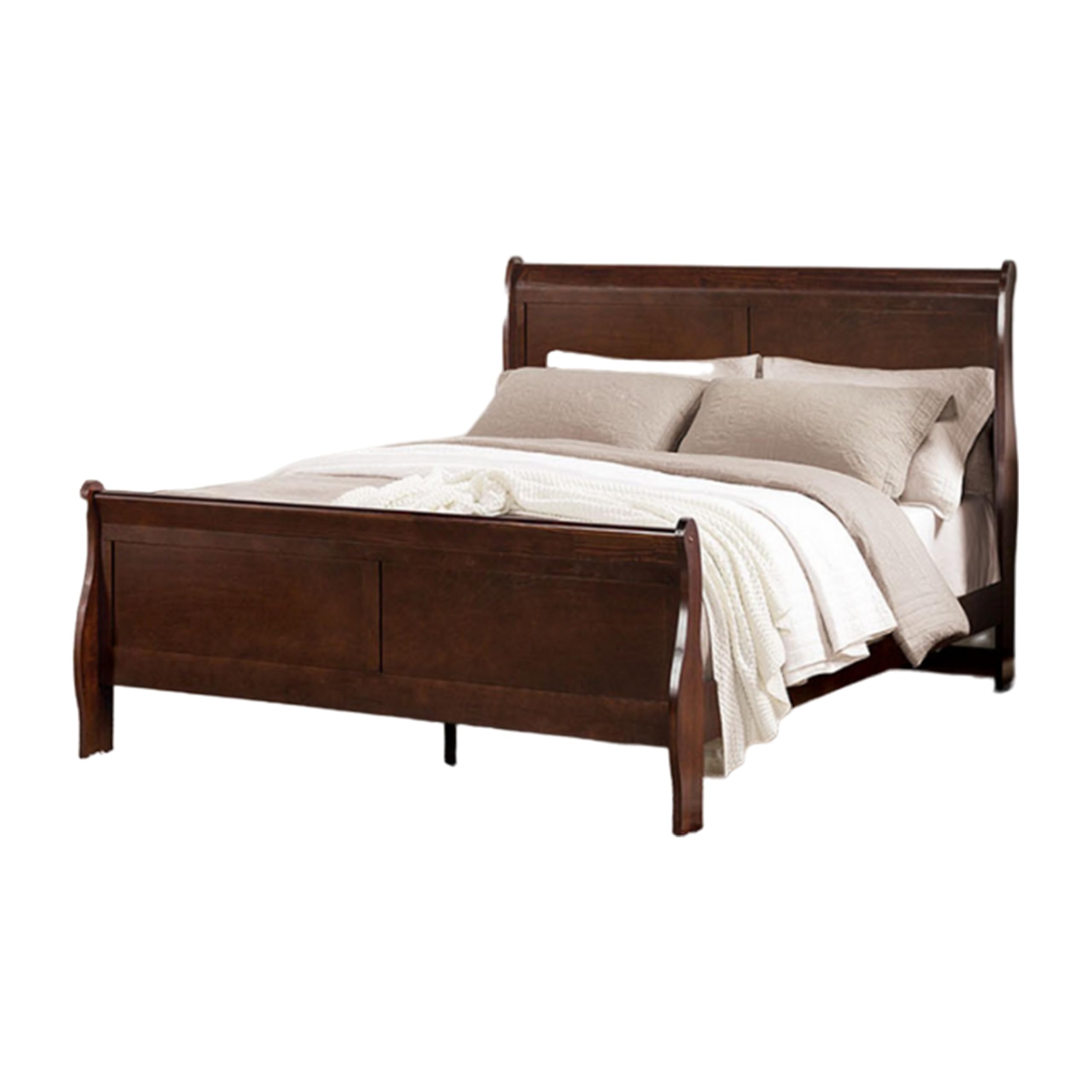RYLA Full Size Bed, Sleigh Panel Headboard, Dark Cherry Brown Solid Wood