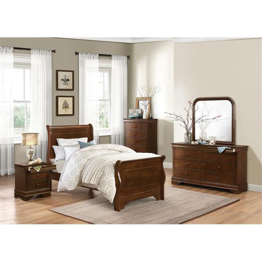 Traditional Wood Twin Sleigh Bed in Brown Cherry