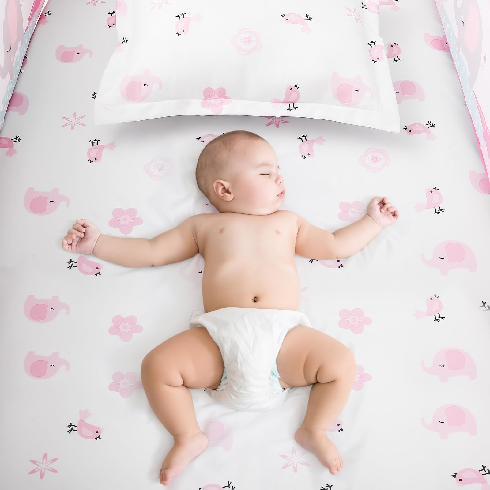 YCDTMY 3 Piece Baby Crib Bedding Set for Girls, Baby Bedding Includes Comforter, Fitted Sheet, Skirt, Newborn Infant & Toddler Standard Size Bed Set, Pink Elephant