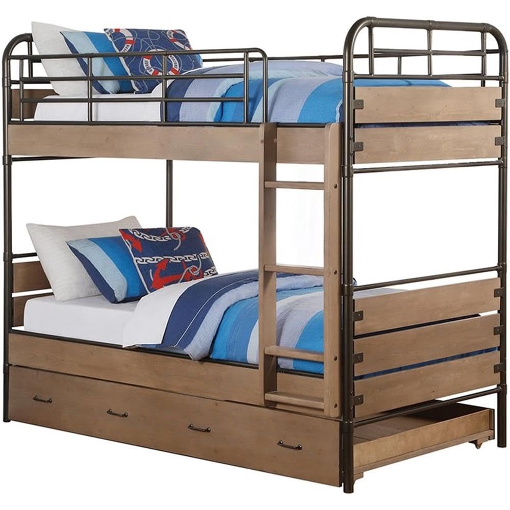 Twin Over Twin Bunk Bed with Trundle in Antique Oak