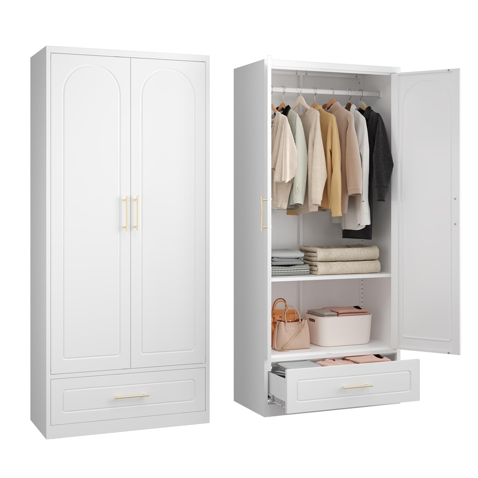 Metal Armoire Wardrobe Closet with Drawer,71Inch White Clothing Storage Cabinets