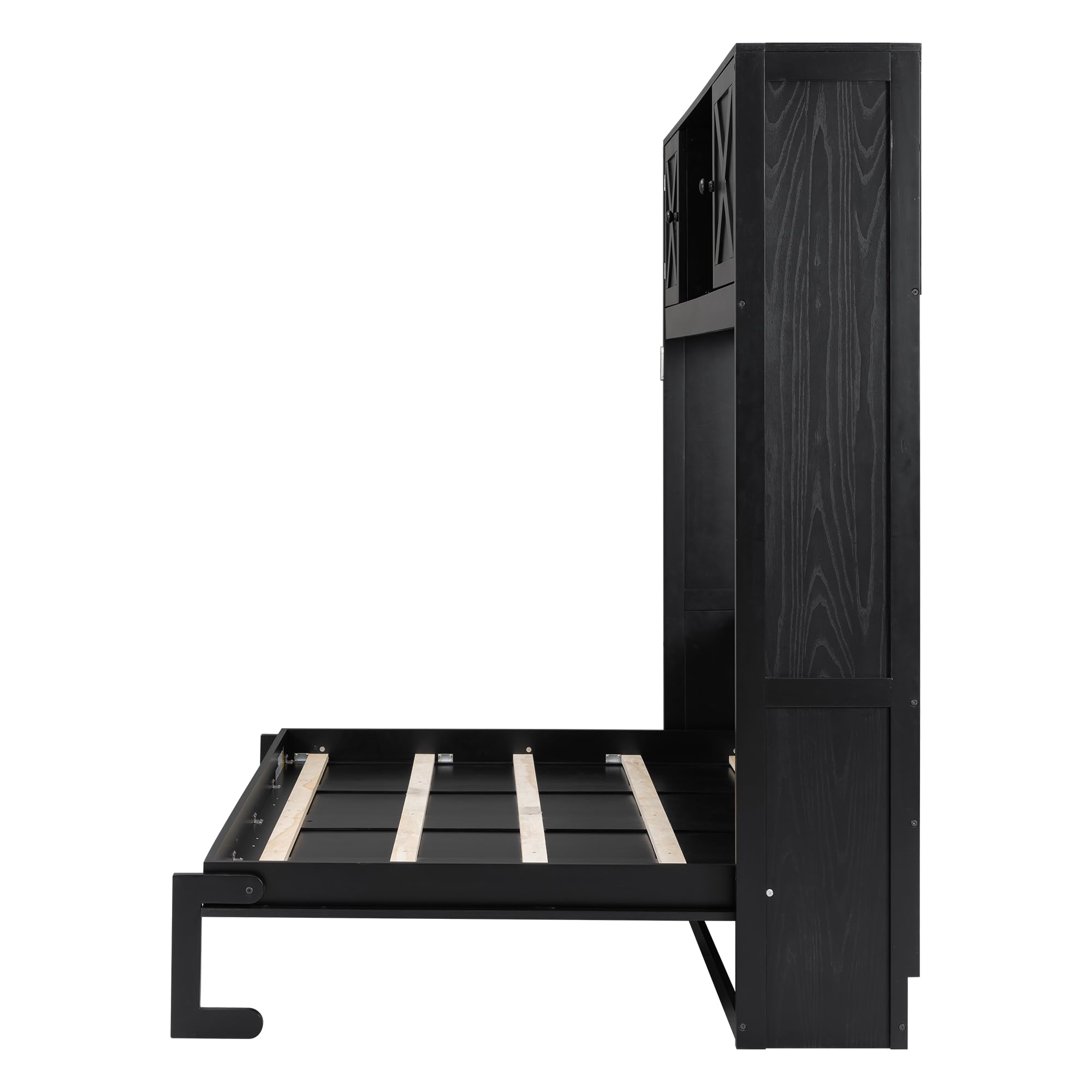 Murphy Bed Full Size, Solid Wood Wall Bed Frame with Top Cabinets