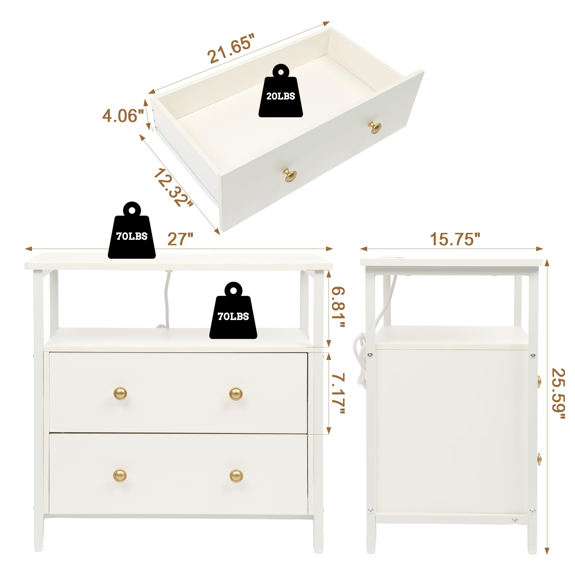 27 inch Wide Nightstand with Charging Station, Bedside Table with Open Shelf