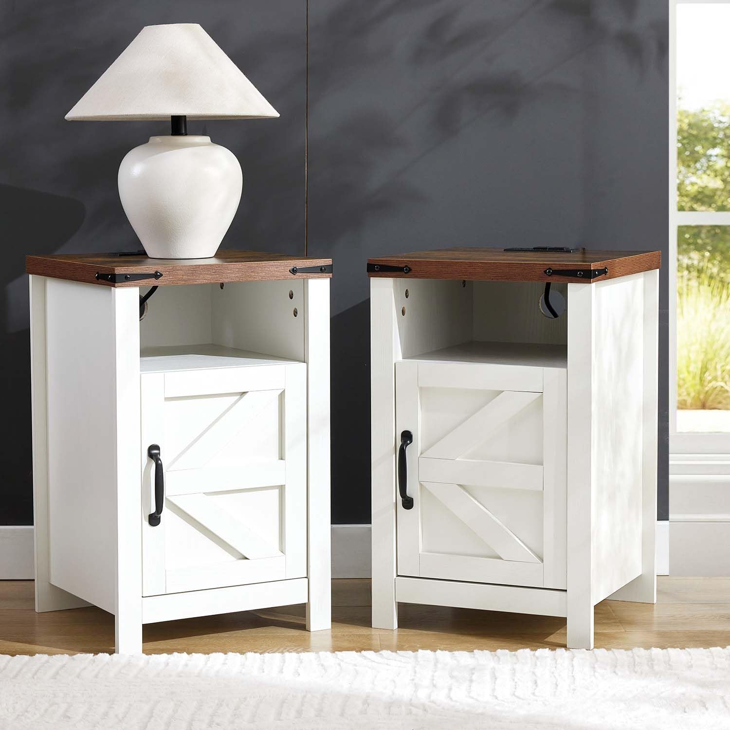 White Farmhouse Nightstand Set of 2, Rustic End Table with Barn Door and Shelf