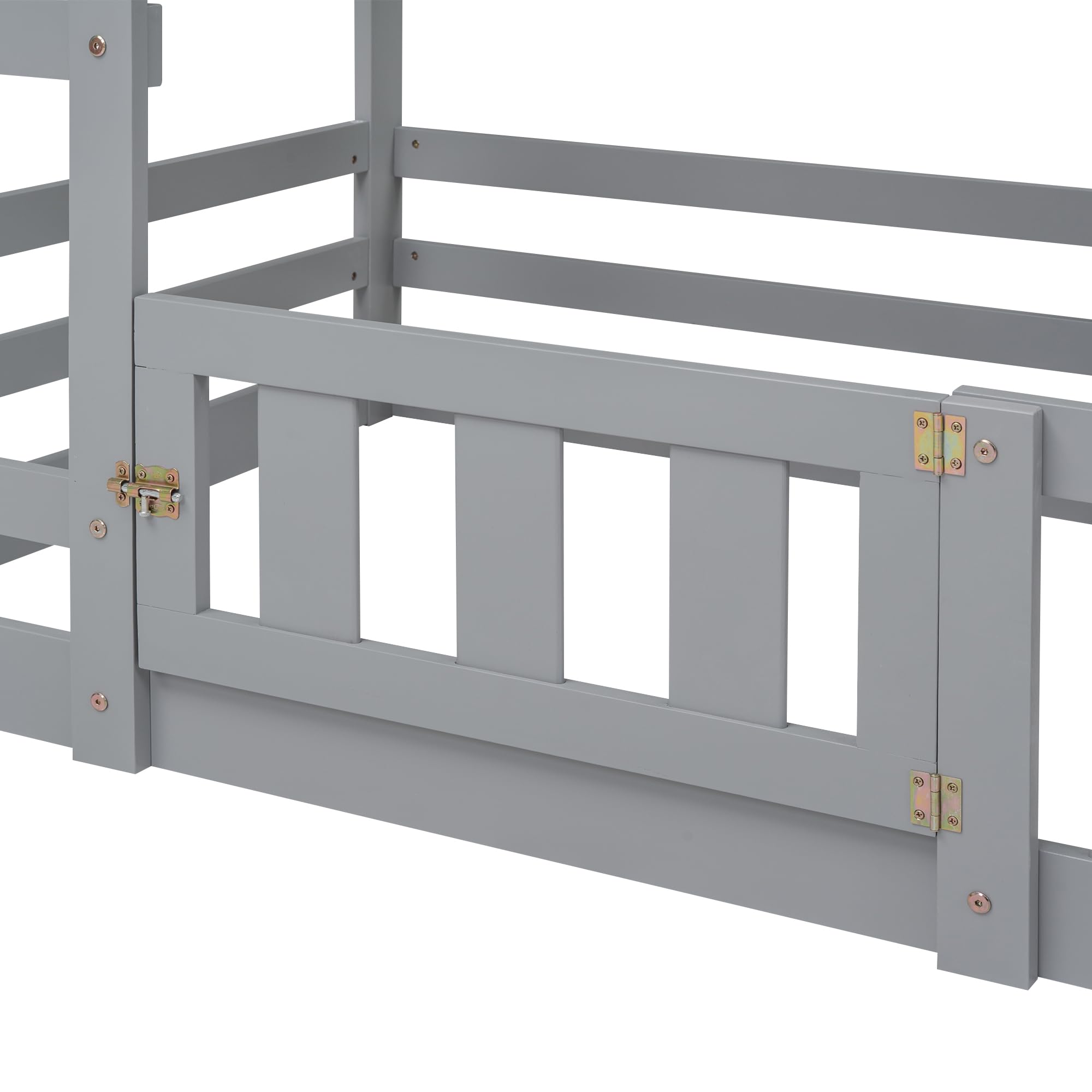 House Bunk Bed Twin Over Twin, Modern Wood Floor Bunk Bed with Fence