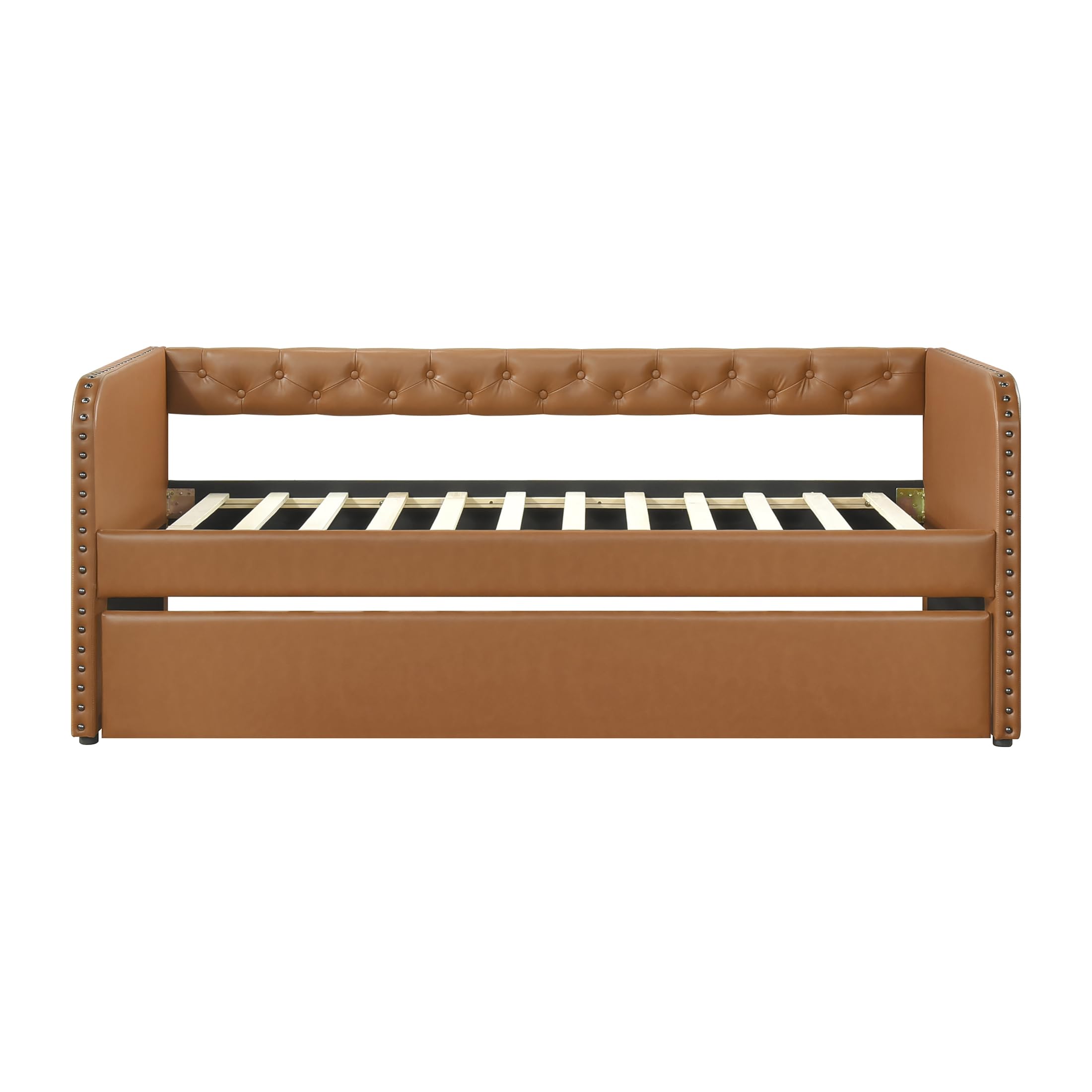 Daybed with Trundle, Solid Wood Frame, Nailhead Trim, Wood Slat Support