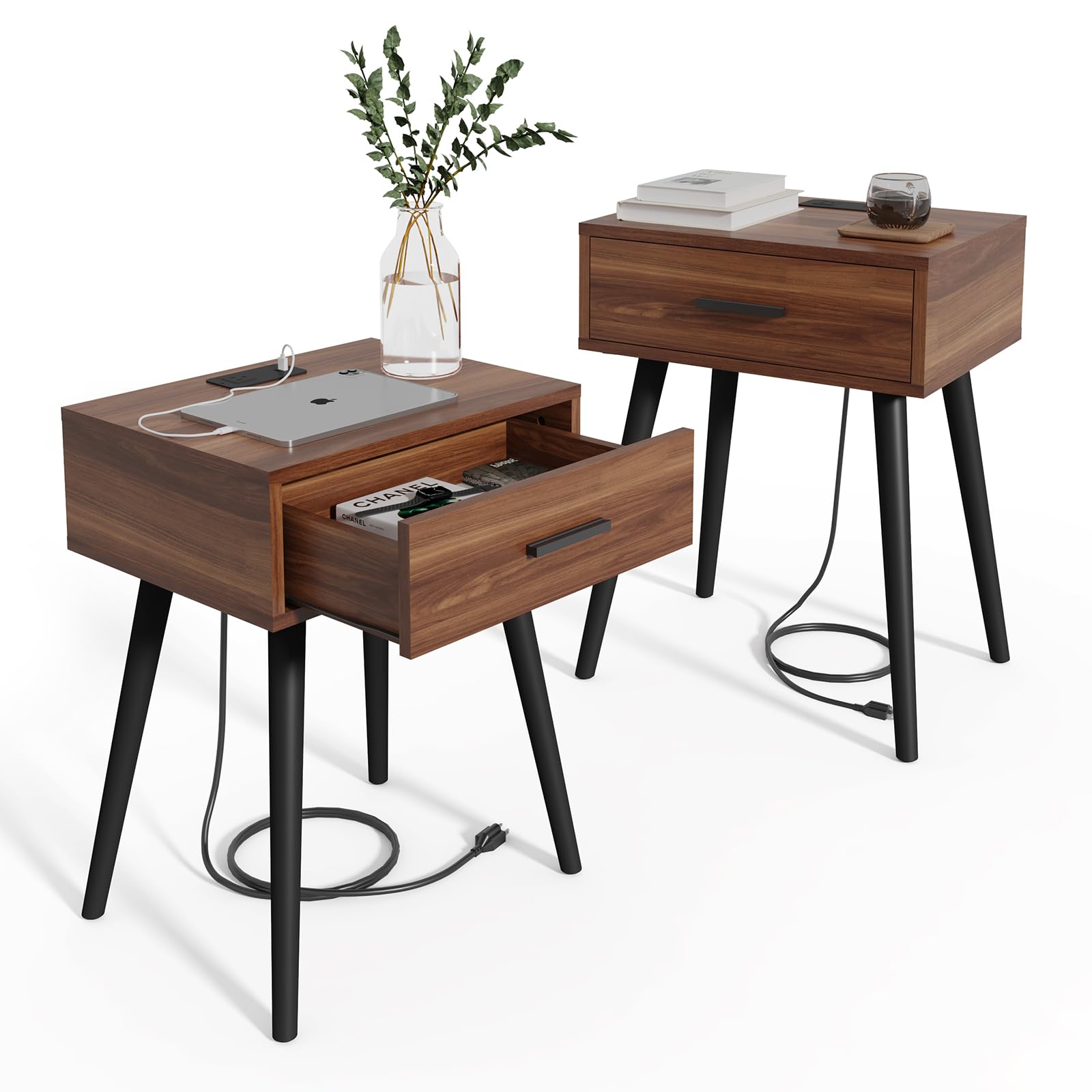 2 Mid Century Nightstand with Charging Station, End Table Modern