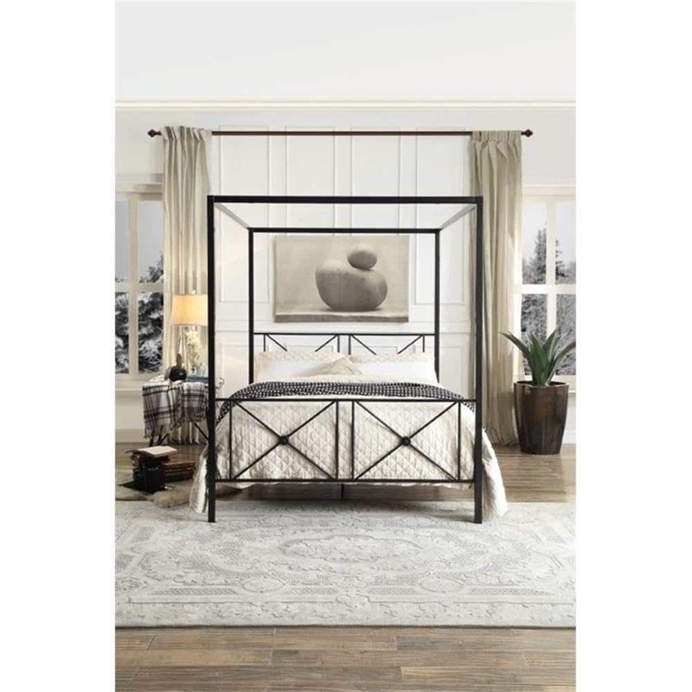 Transitional Metal Queen-Size Canopy Platform Bed in Black