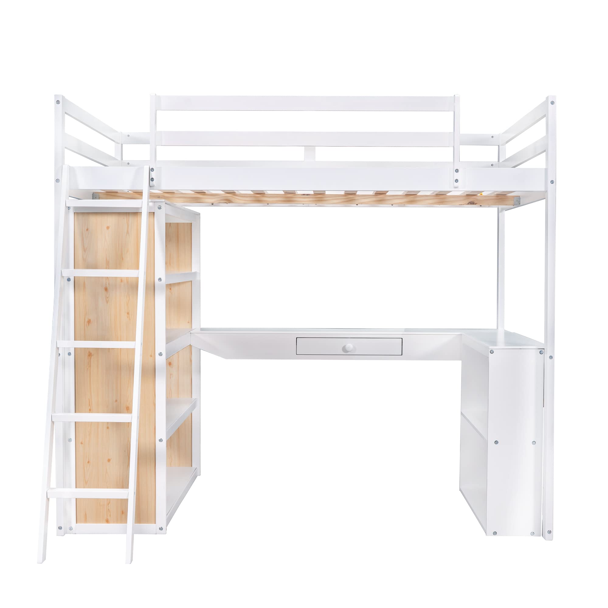 Version & Stronger Solid Wood Full Size Loft Bed with Storage Shelves and Desk Underneath