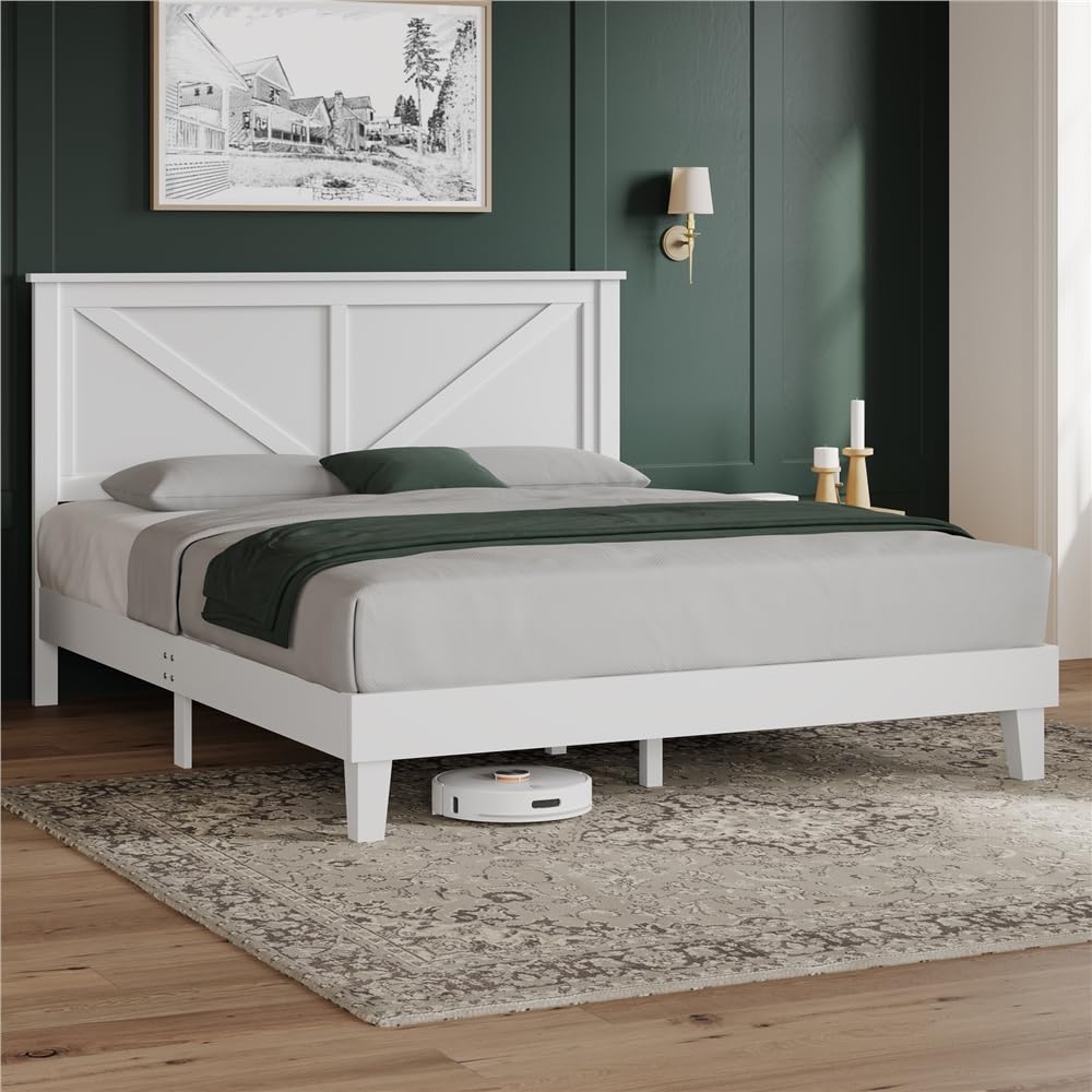 Wood Bed, Rubber Wood Platform Bed Frame with Headboard/Wood Slats