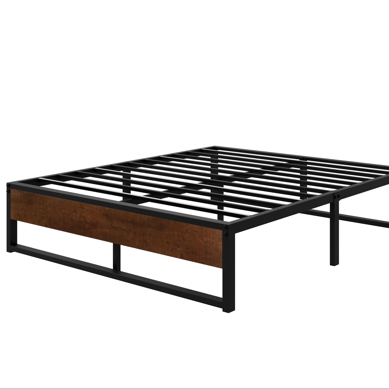 14'' Queen Size Metal Platform Bed Frame with Rustic Wood & Reverse Holes