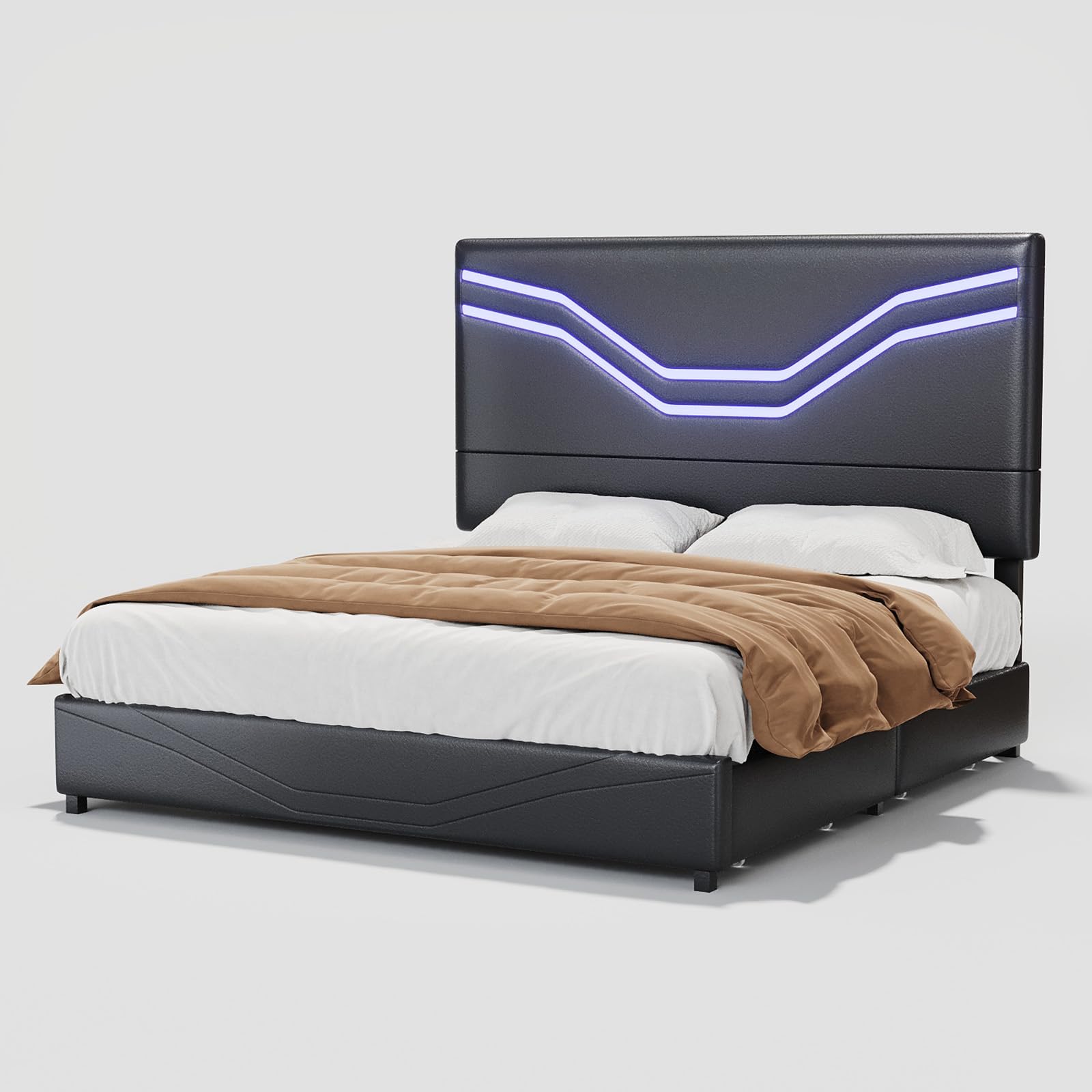 Twin Size Bed Frame with LED Lights and Storage Drawers, Leather Upholstered