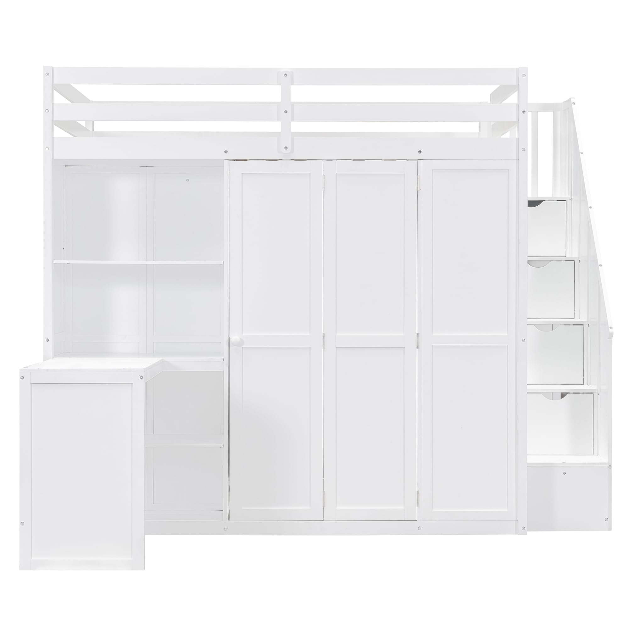 Full Size Loft Bed with Wardrobe and 3 Foldable Shelves