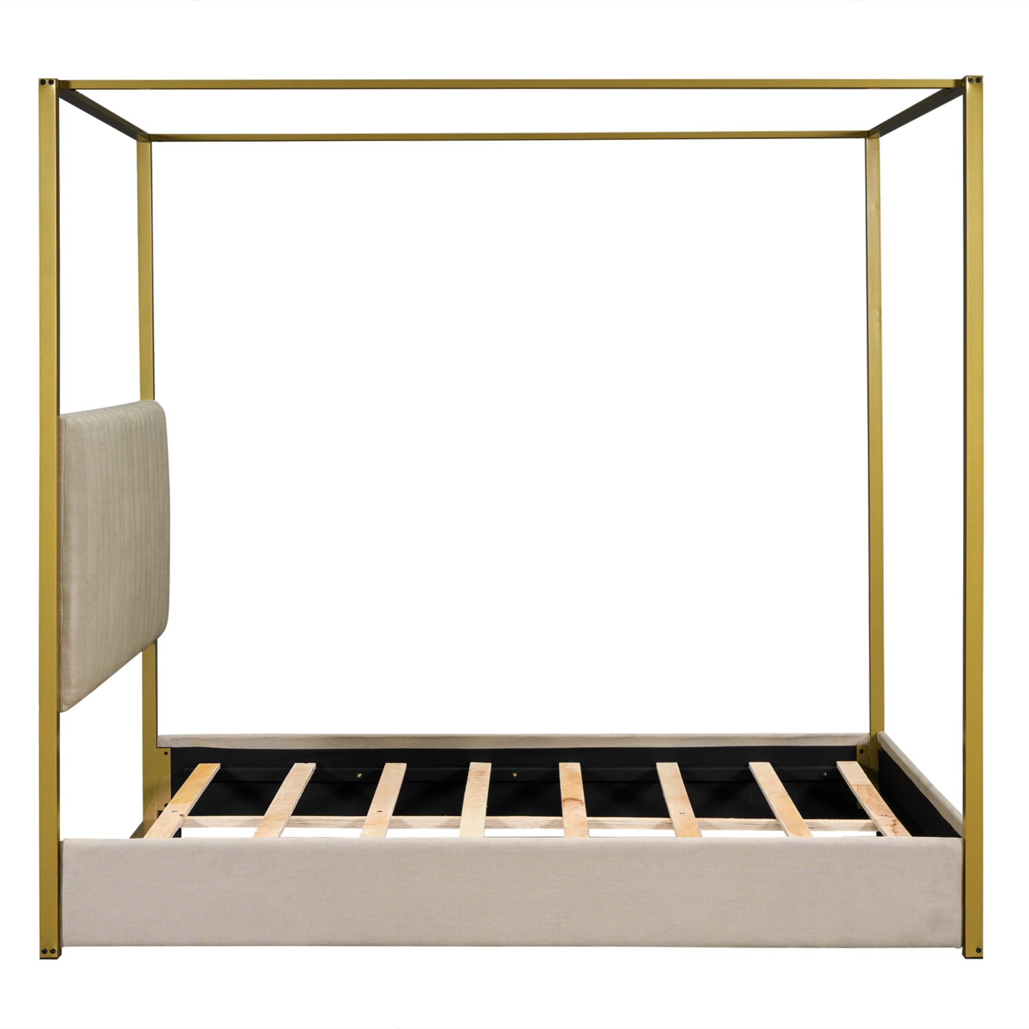 Queen Size Canopy Bed with Headboard and Slat Support, Linen Upholstery Queen