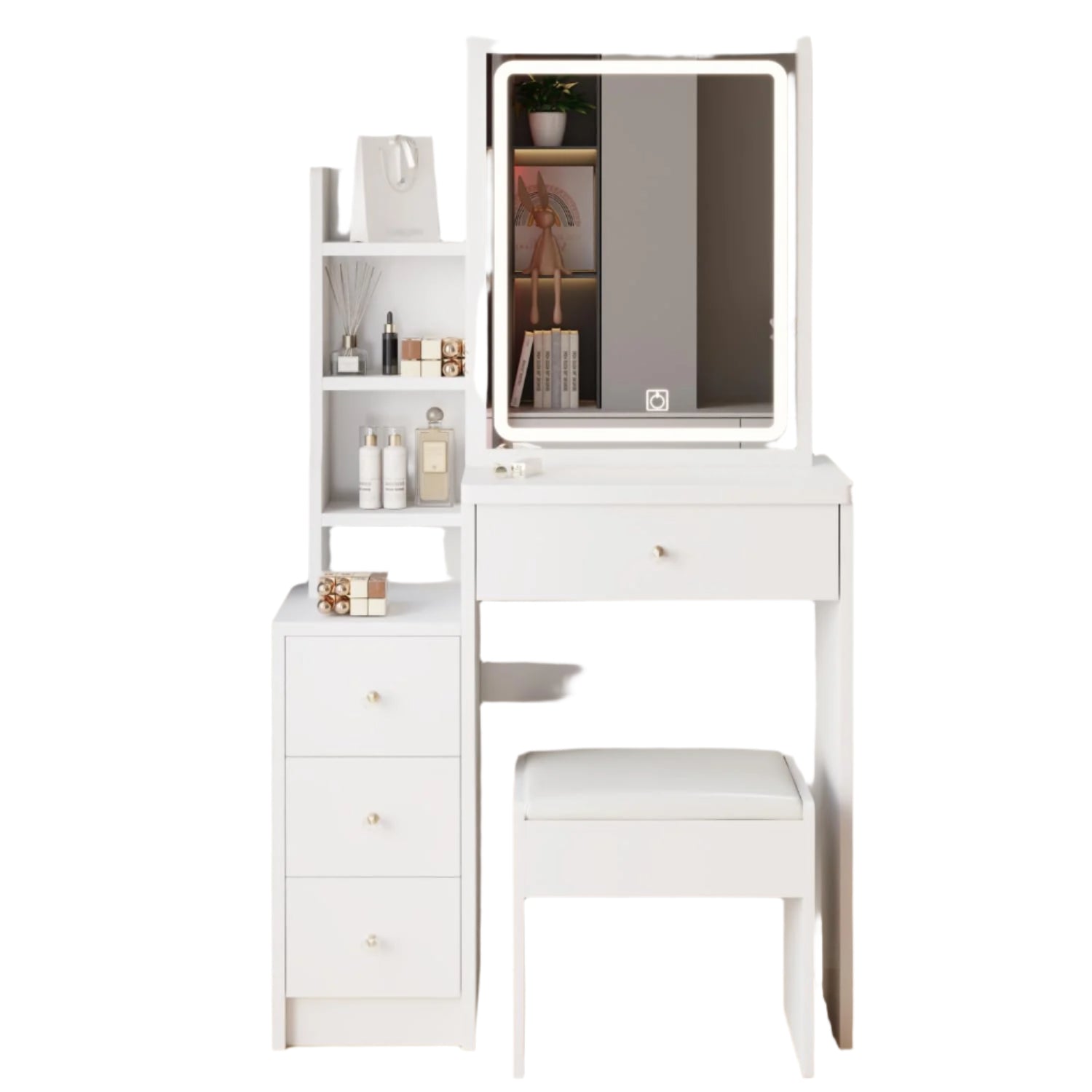 Vanity Desk Set with LED Lights and Chair, Compact Vanity Desk with Storage Shelves