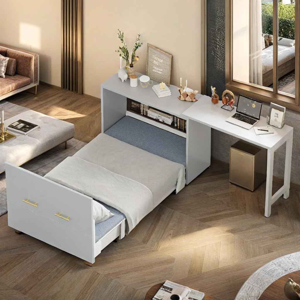LUMISOL Twin Size Murphy Cabinet Bed with Desk, Wood Murphy Bed with Foldable Cushion for Guest Room, Small Space, Grey