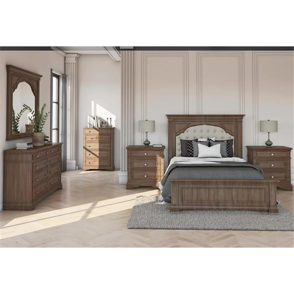 Solid Wood Driftwood Gray Upholstered Panel Queen Bed