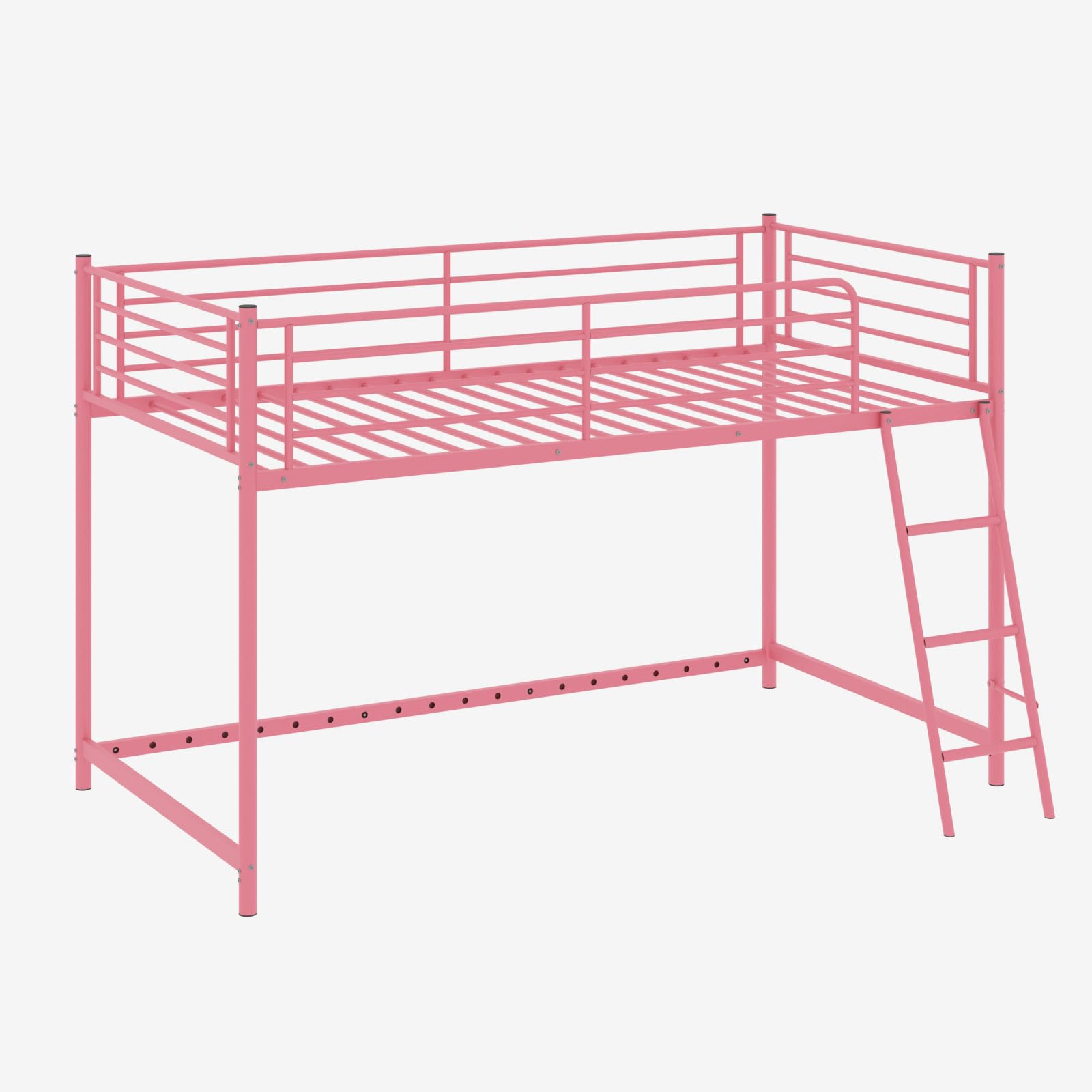 Low Loft Bed with Inclined Ladder, Metal Twin Size Bed Frame