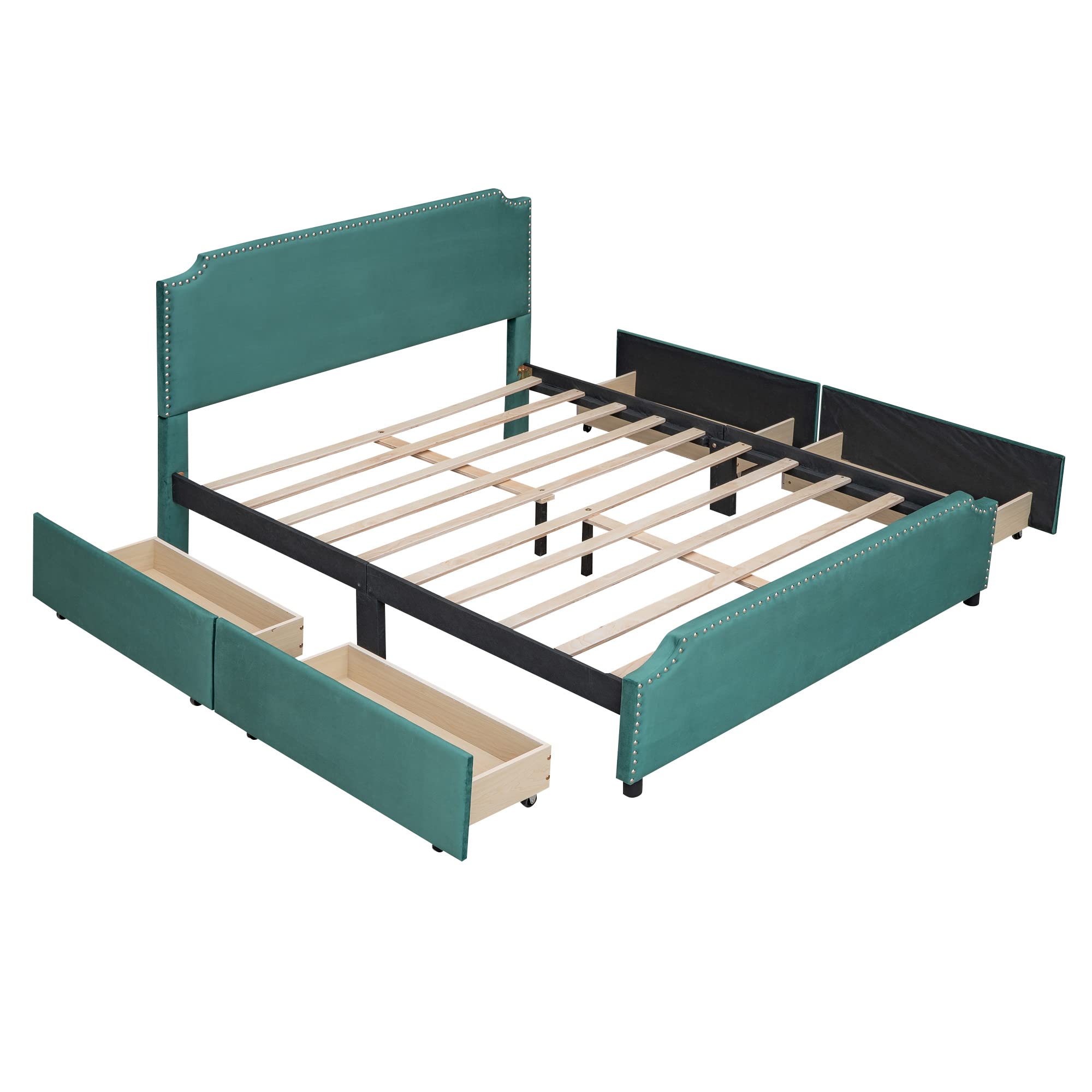 Platform Bed with Stud Trim Headboard and Footboard and 4 Drawers
