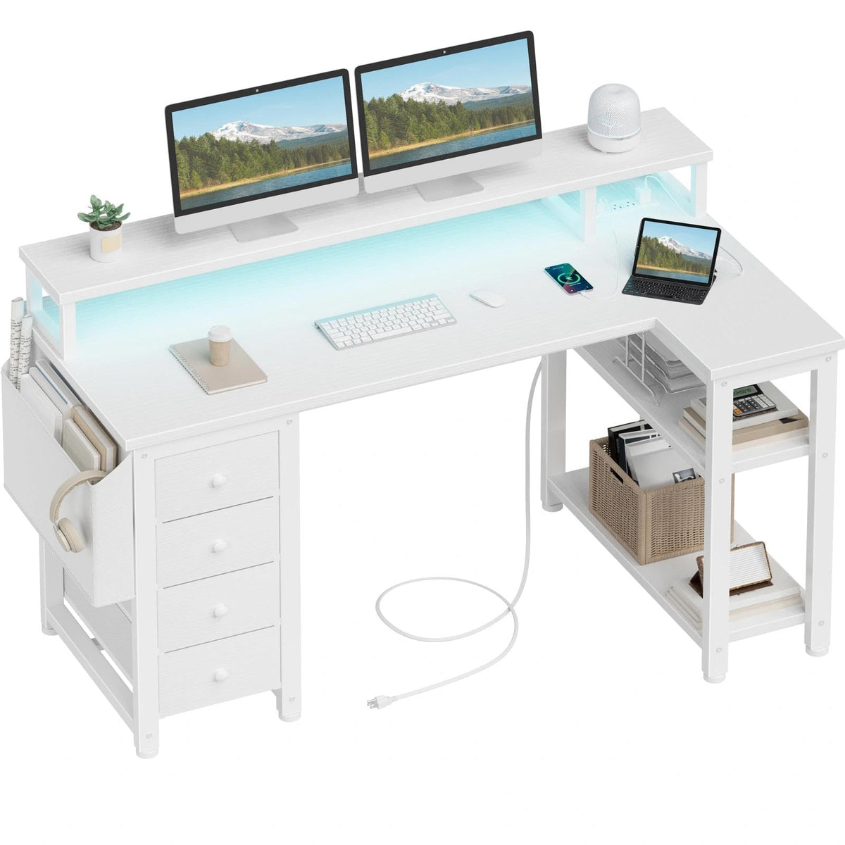 47" L-Shaped Gaming Desk with LED Lights, Power Outlets & Monitor Stand