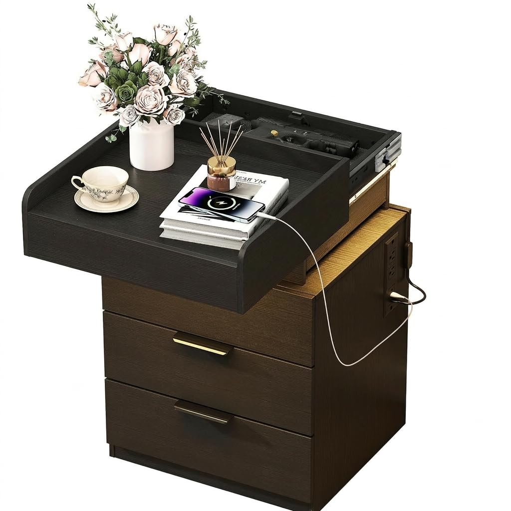Baoz Nightstand with 3 Drawers & Sliding Top for Bedroom- LED Night Stand with Right Charging Station & Open Compartment Modern Bedside End Table with Gun Drawer (Black)