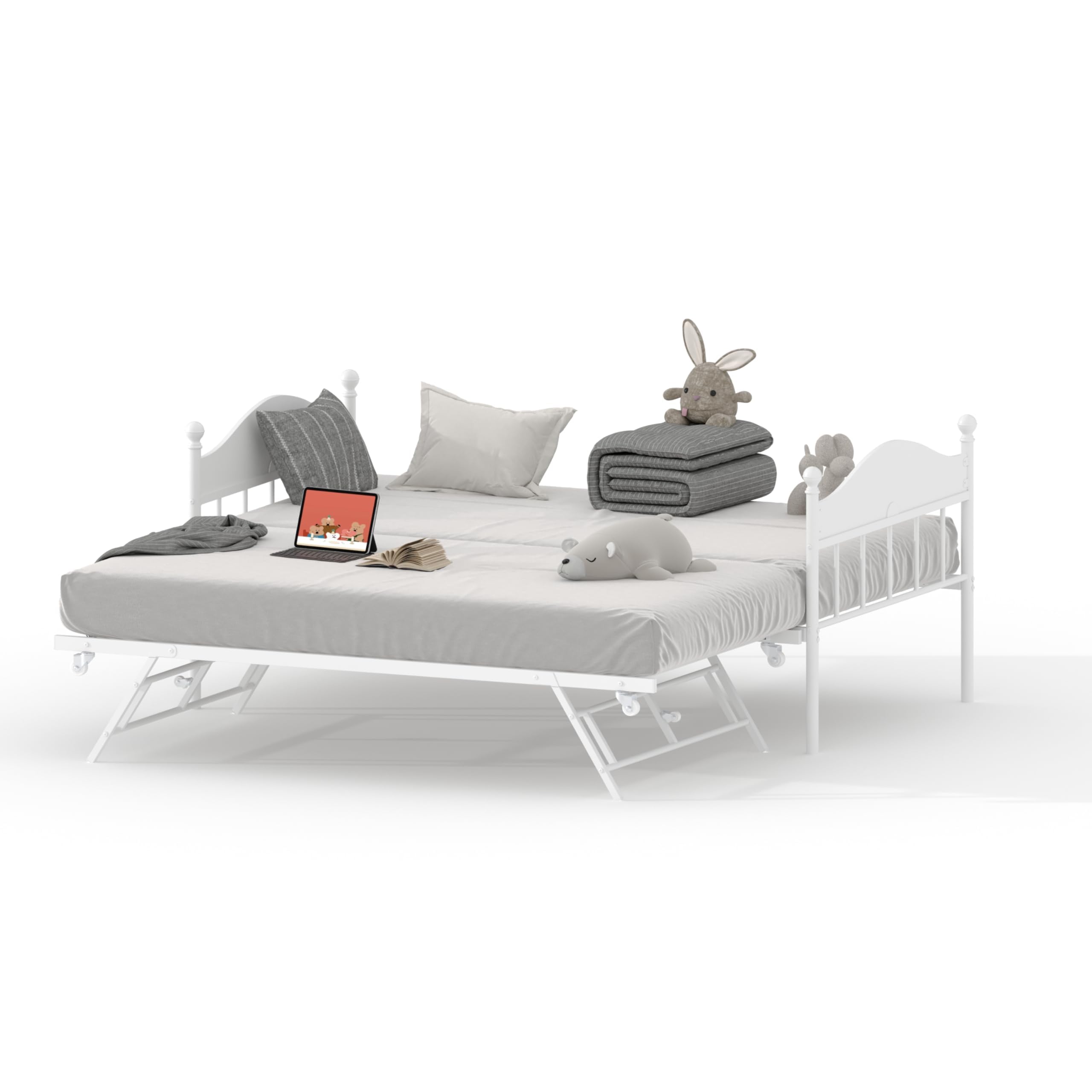 Trundle, Twin Bed Frame with Sturdy Metal Foldable