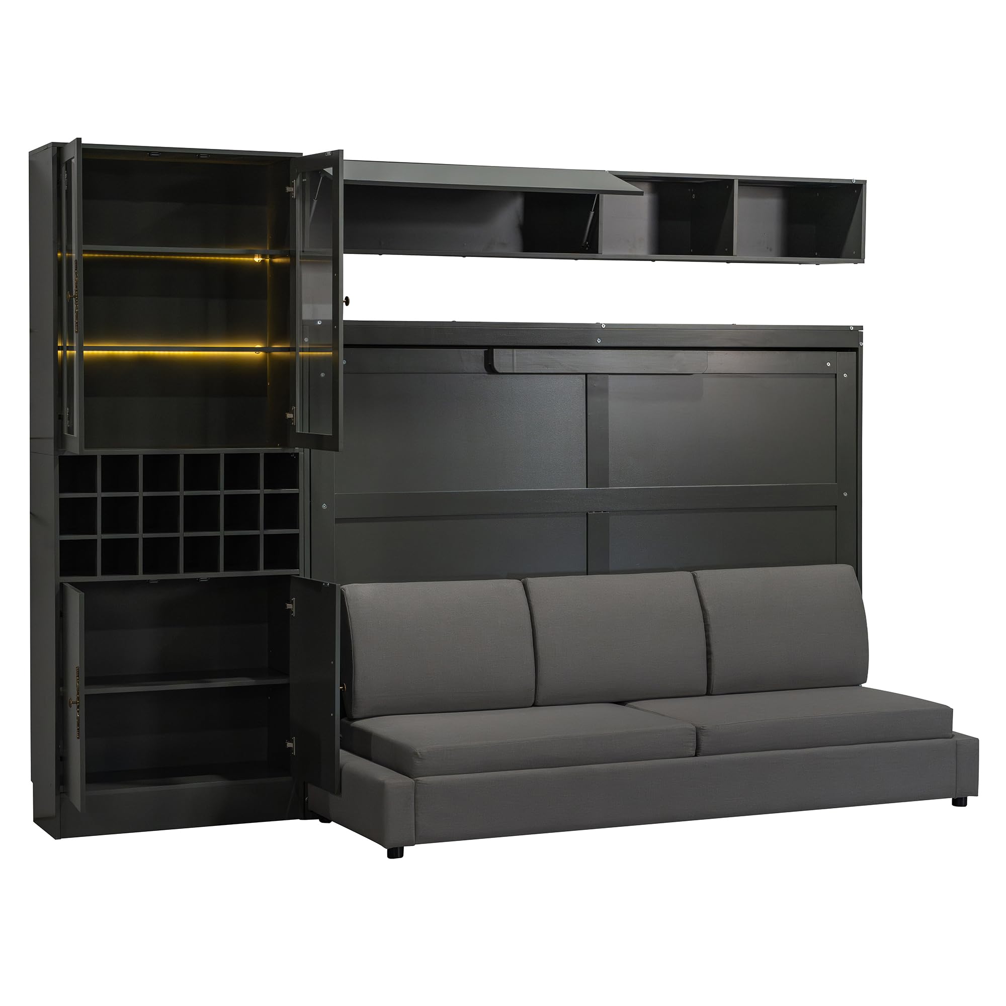 Full Size Murphy Bed Wall Bed with Sofa, Shelves, USB & Light