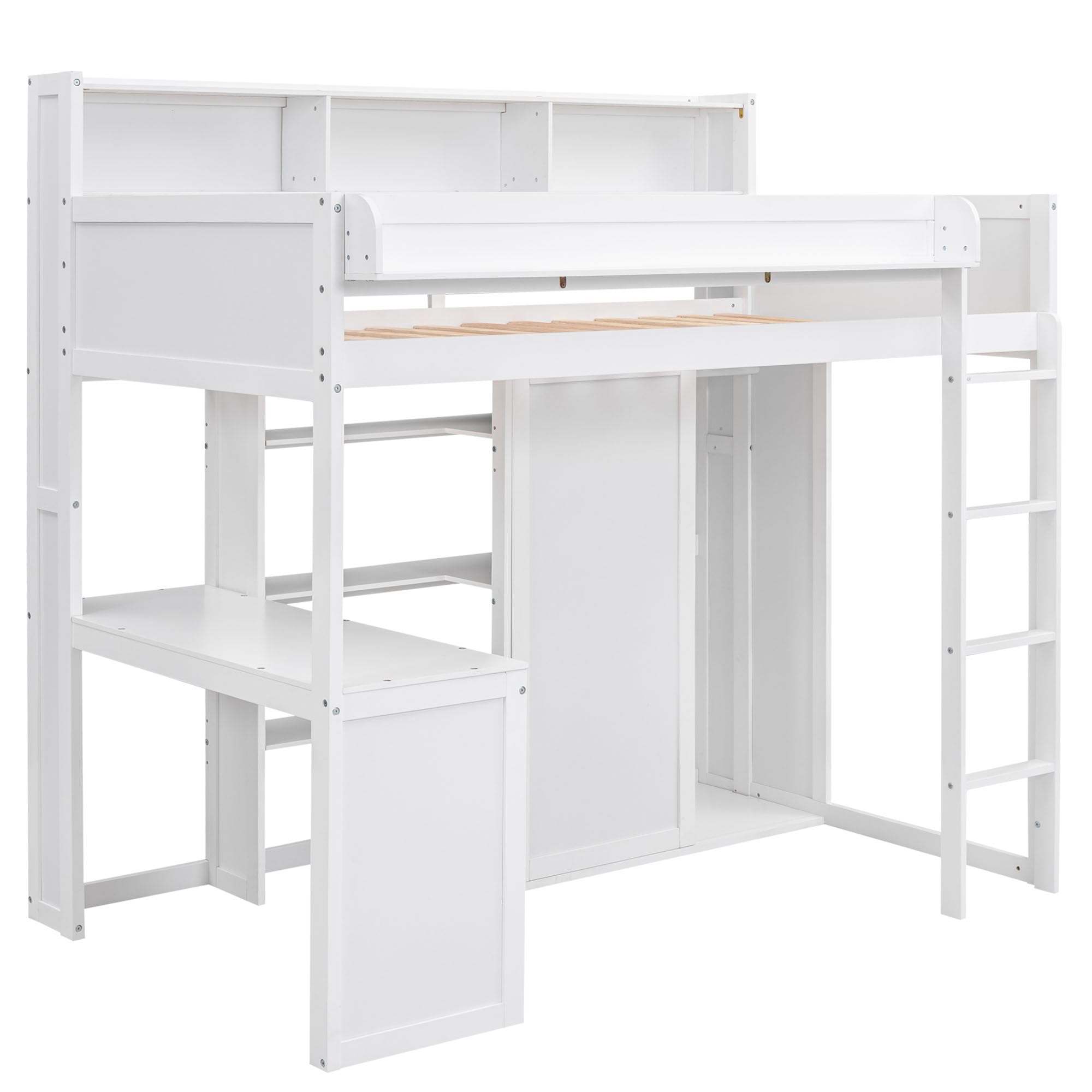 Twin Size Loft Bed with Desk, Multiple Storage Shelves and Wardrobe