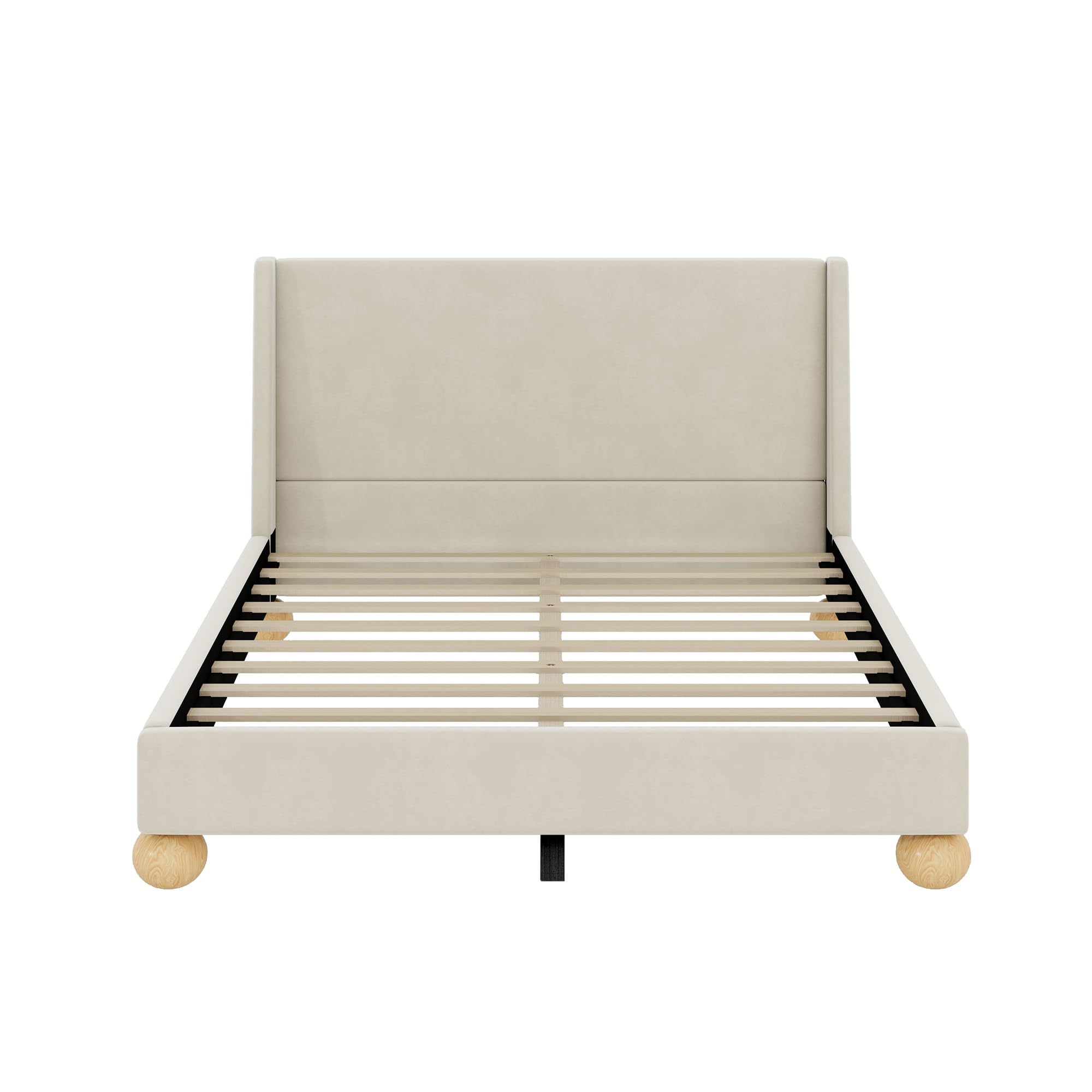 Modern Velvet Upholstered Platform Bed with Wingback Headboard and Round Wooden