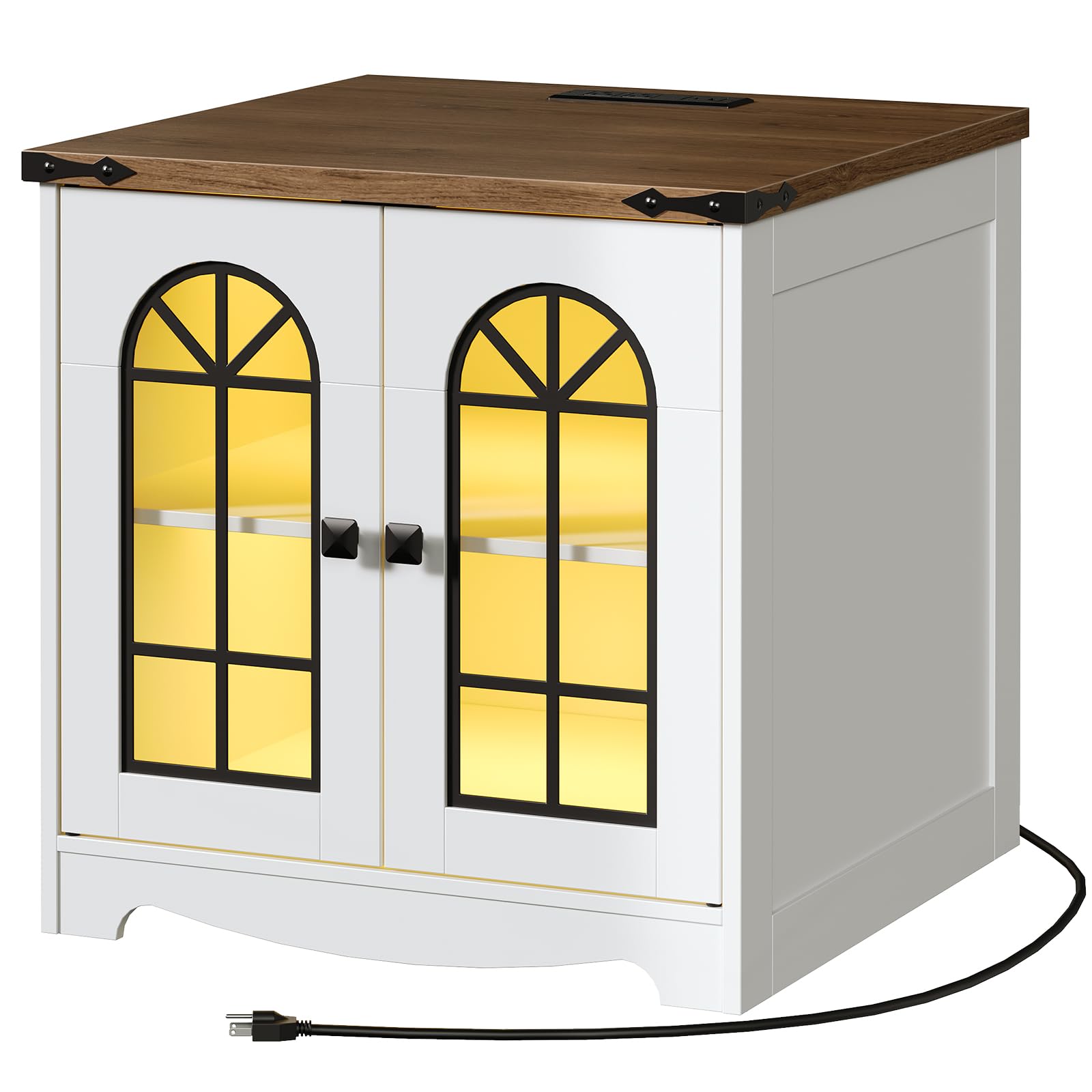 Farmhouse End Table, 23.6" Large Square Side Tables with Charging Station and LED Lights