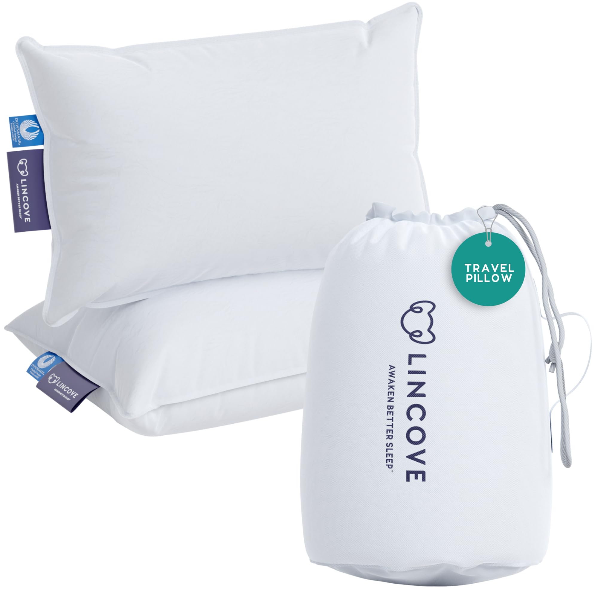 Down Feather Travel Pillow Pack of 2 - Luxury Pillows to Support Head, Neck,