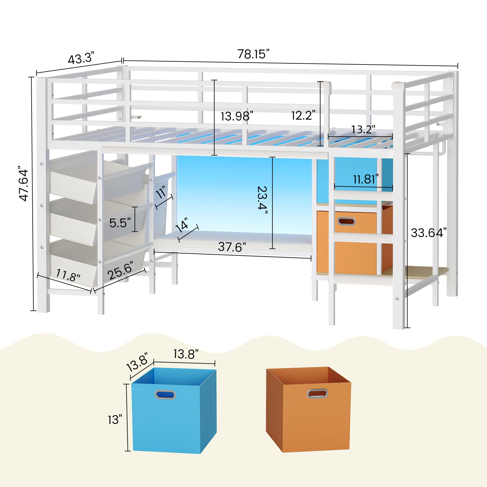 Loft Bed Twin Size with Reading Corner Metal Twin Loft Bed with LED Lights