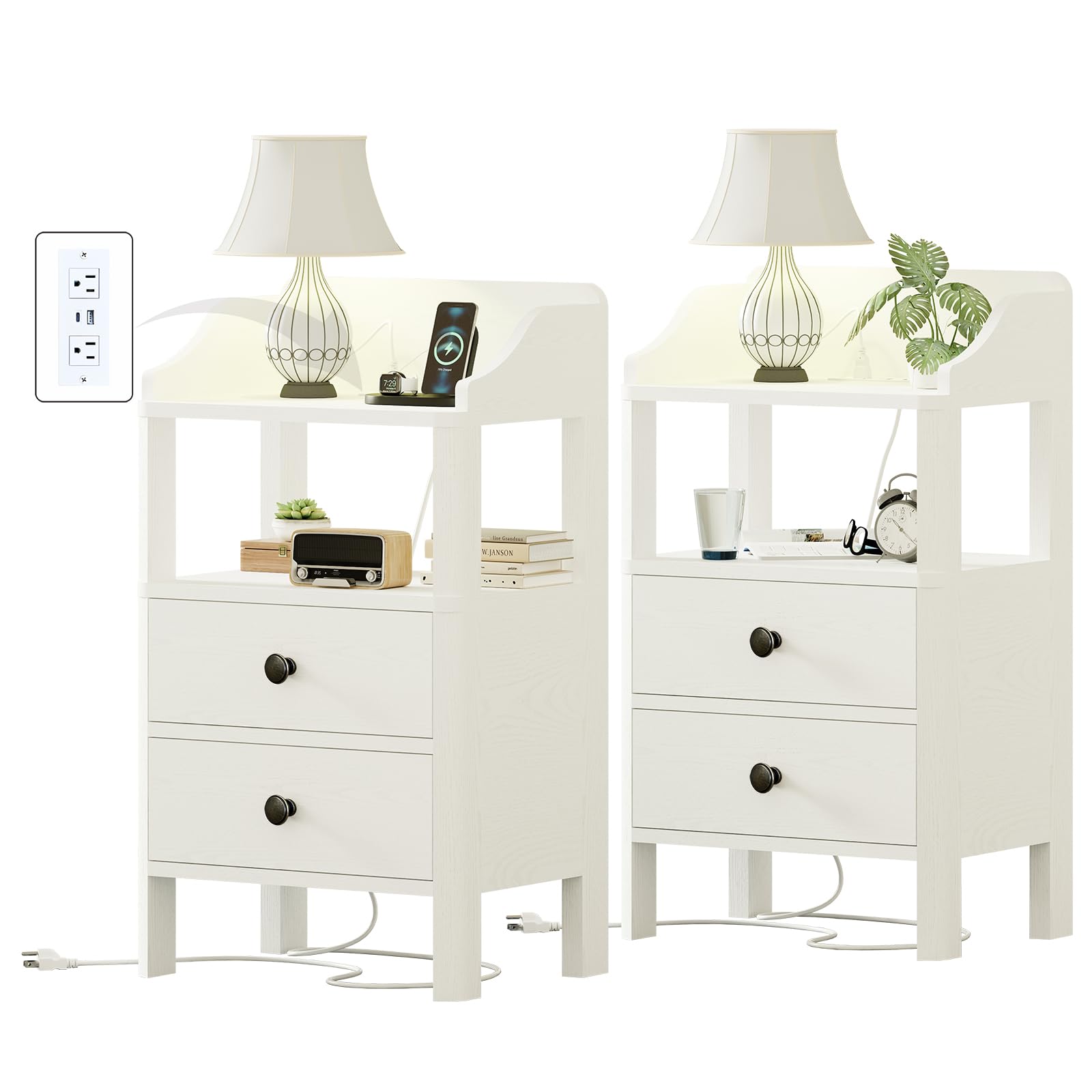15.75-inch Compact Night Stand White with USB and Type-c Ports