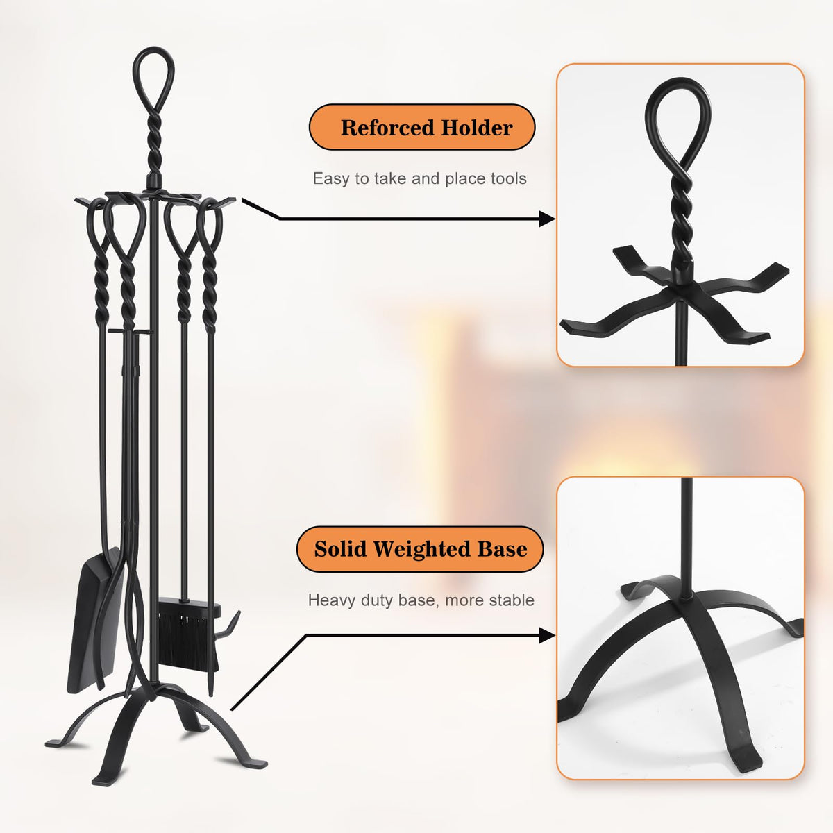 5-Piece Fireplace Tools Set with Stand