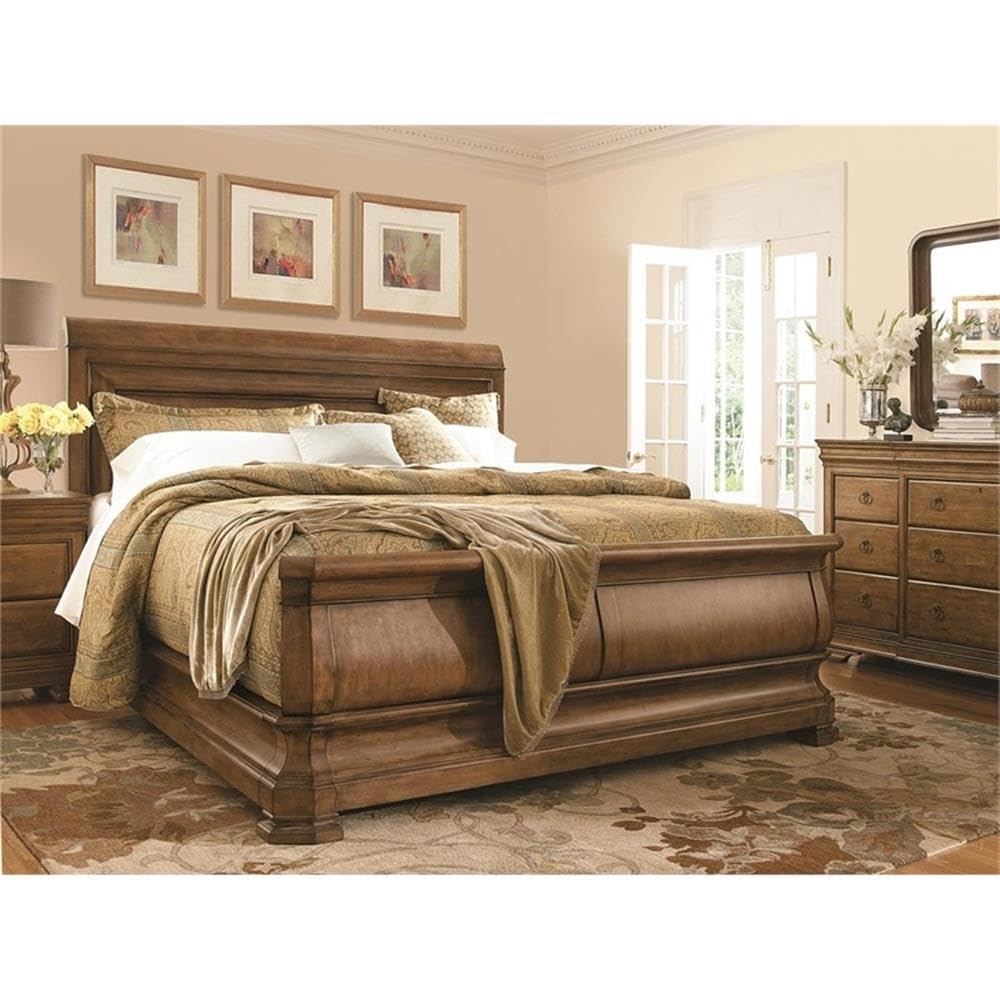 Contemporary King Wooden Sleigh Bed in Cognac Brown Finish
