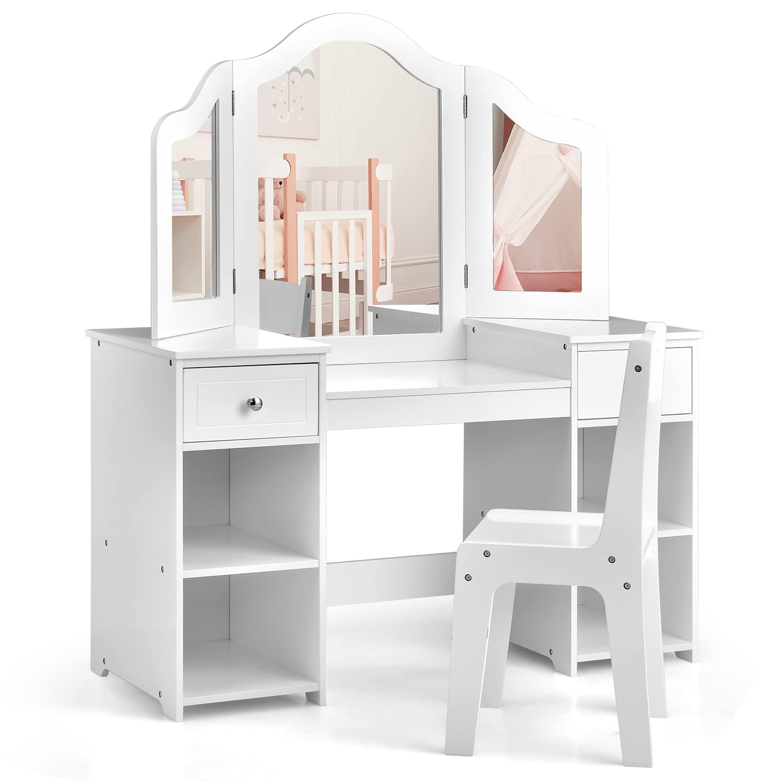 Kids Vanity, 2 in 1 Princess Makeup Desk and Chair Set with Drawers