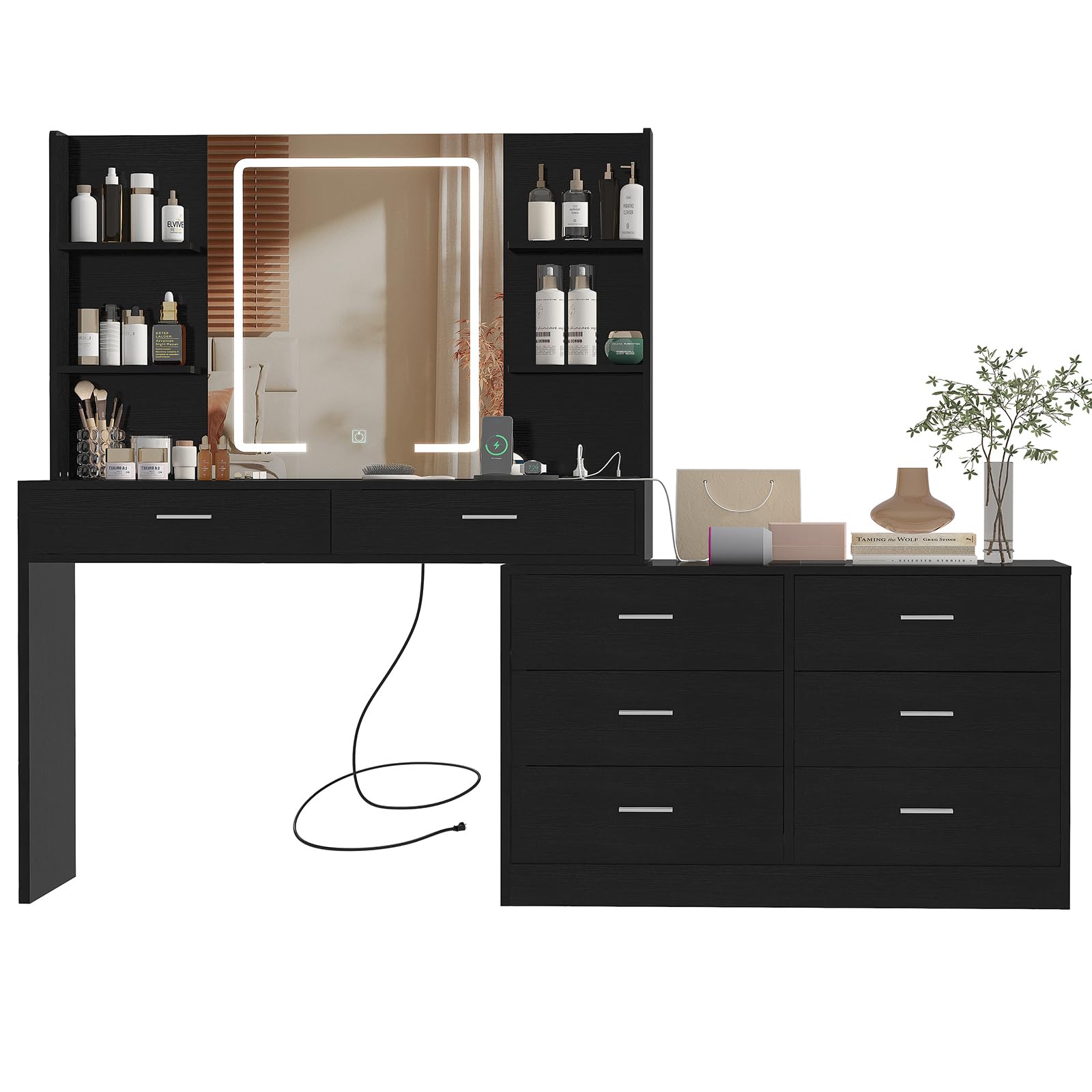 Vanity Makeup Desk with LED Light Mirror & Power Outlet, 8 Drawers