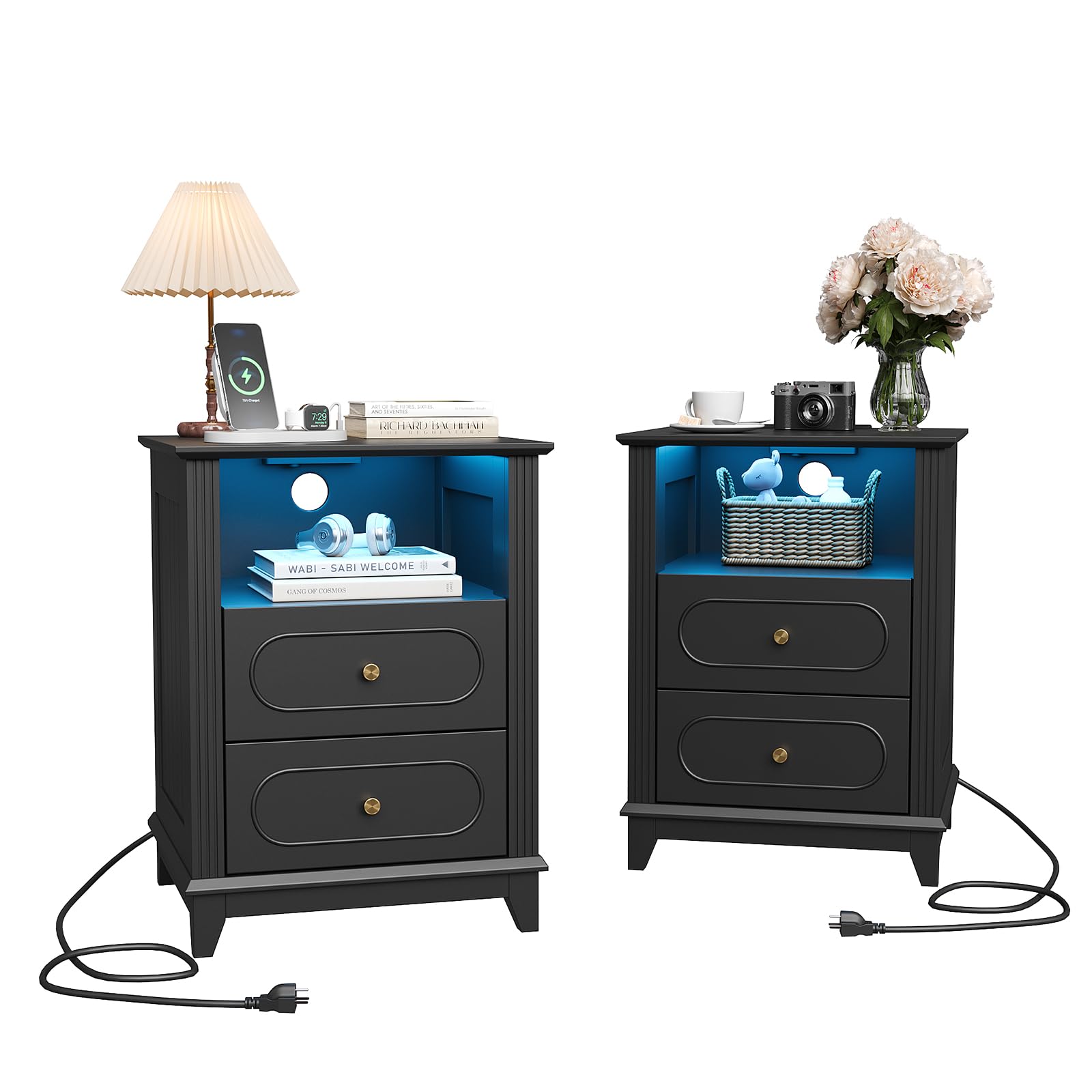 Nightstands Set of 2 Black Nightstand with Charging Station, 2 Drawers End Table