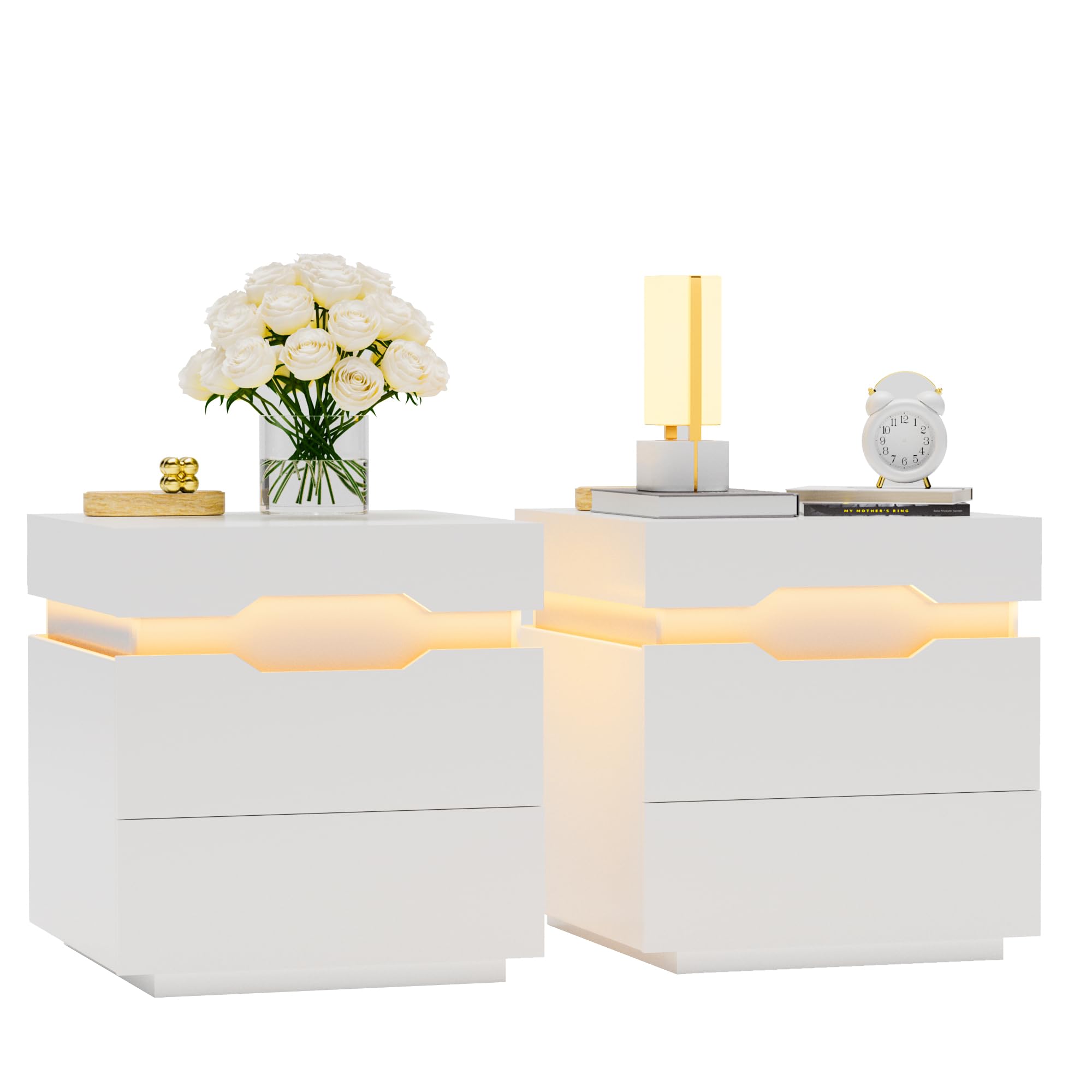 LED Nightstands Set of 2 with Charging Station and Sliding Top, Side Table